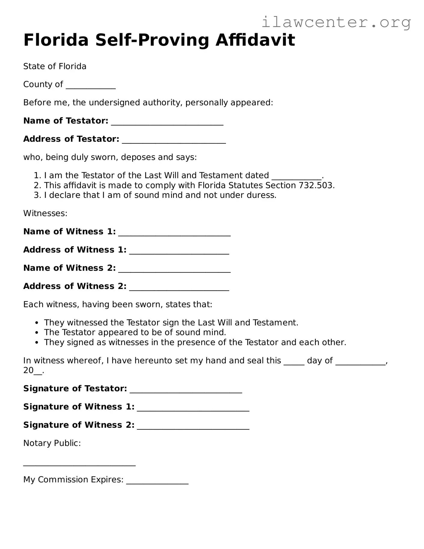 Attorney-Verified  Self-Proving Affidavit Document for Florida