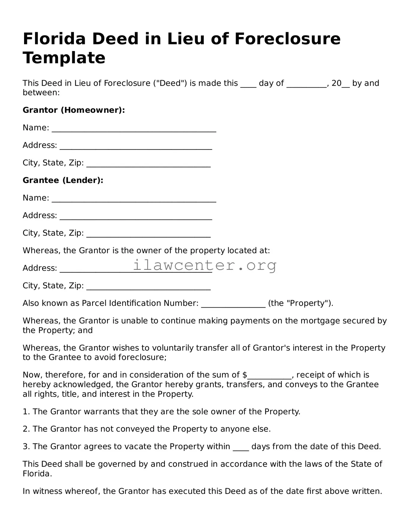 Attorney-Verified  Deed in Lieu of Foreclosure Document for Florida