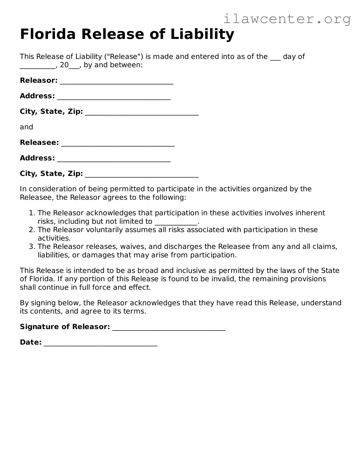 Attorney-Verified  Release of Liability Document for Florida