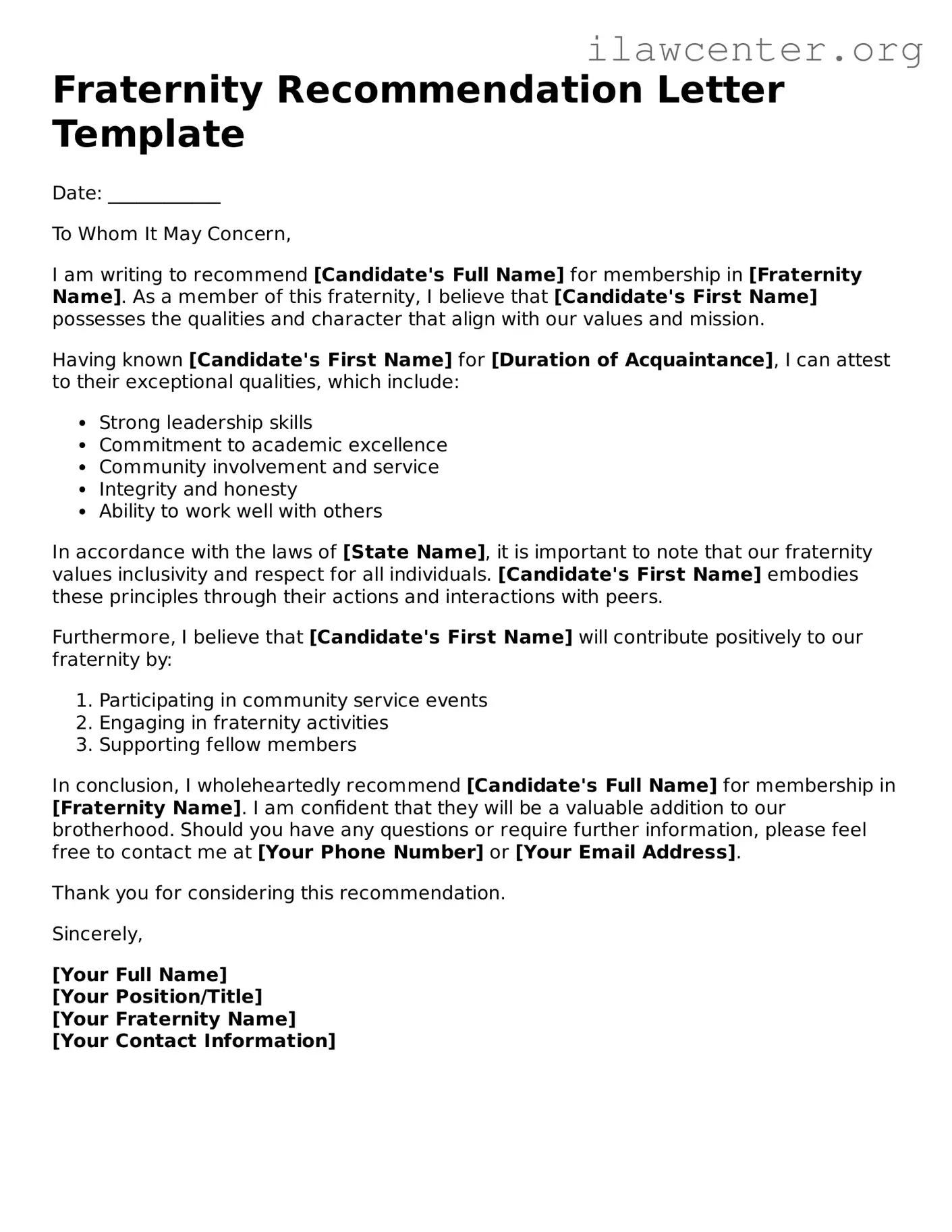 Fillable Fraternity Recommendation Letter Document