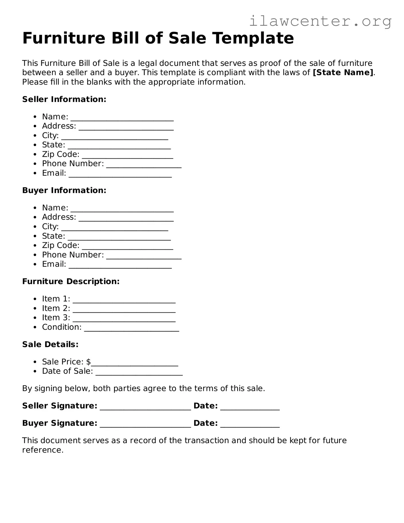 Fillable Furniture Bill of Sale Document