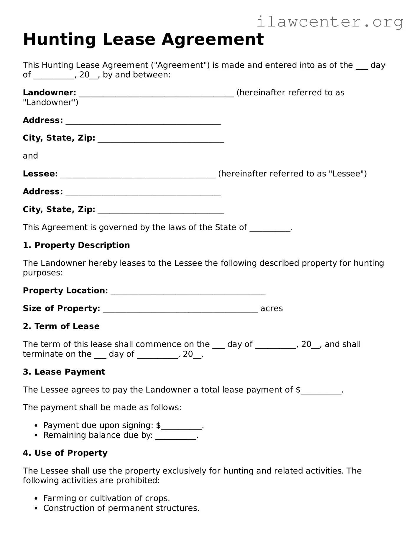 Fillable Hunting Lease Agreement Document