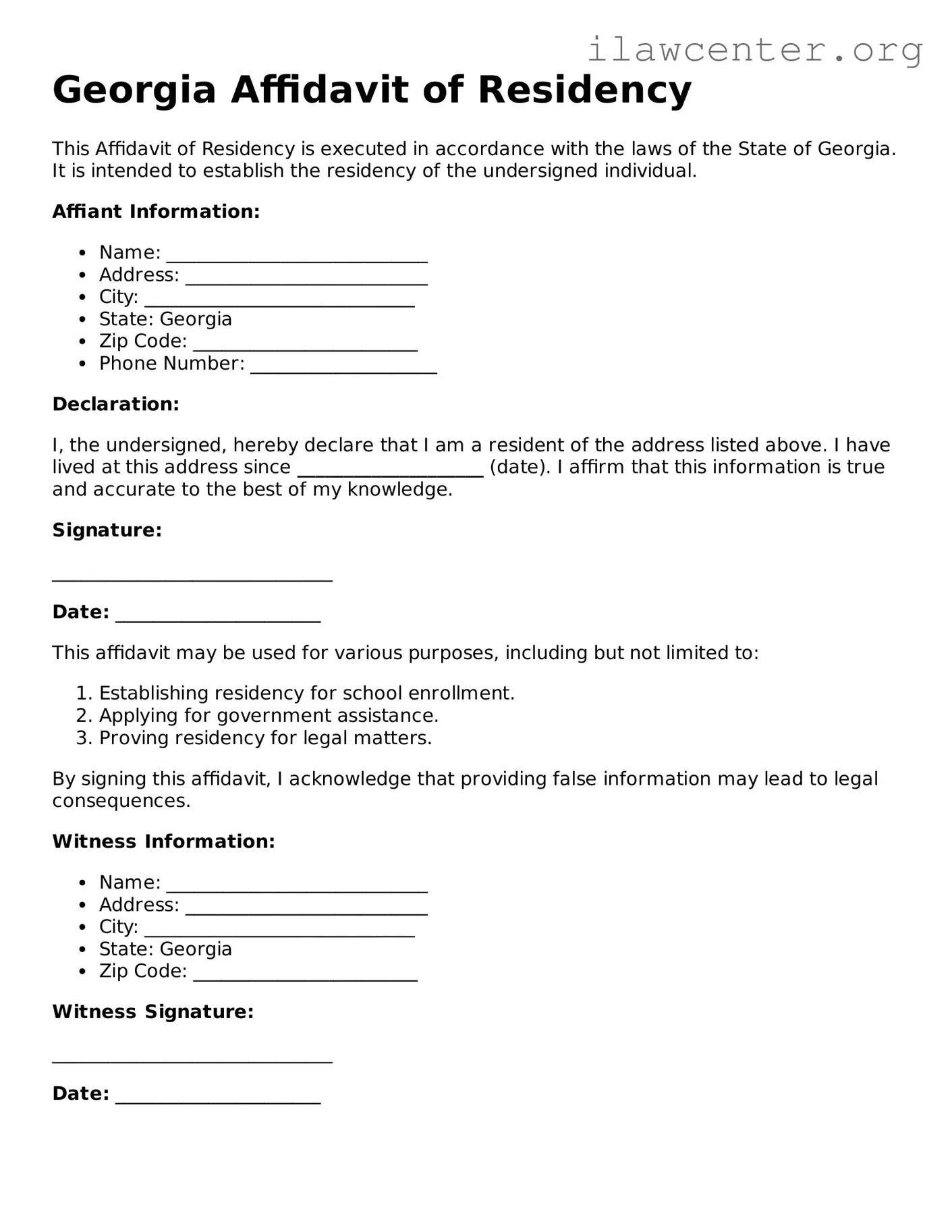 Attorney-Verified  Affidavit of Residency Document for Georgia