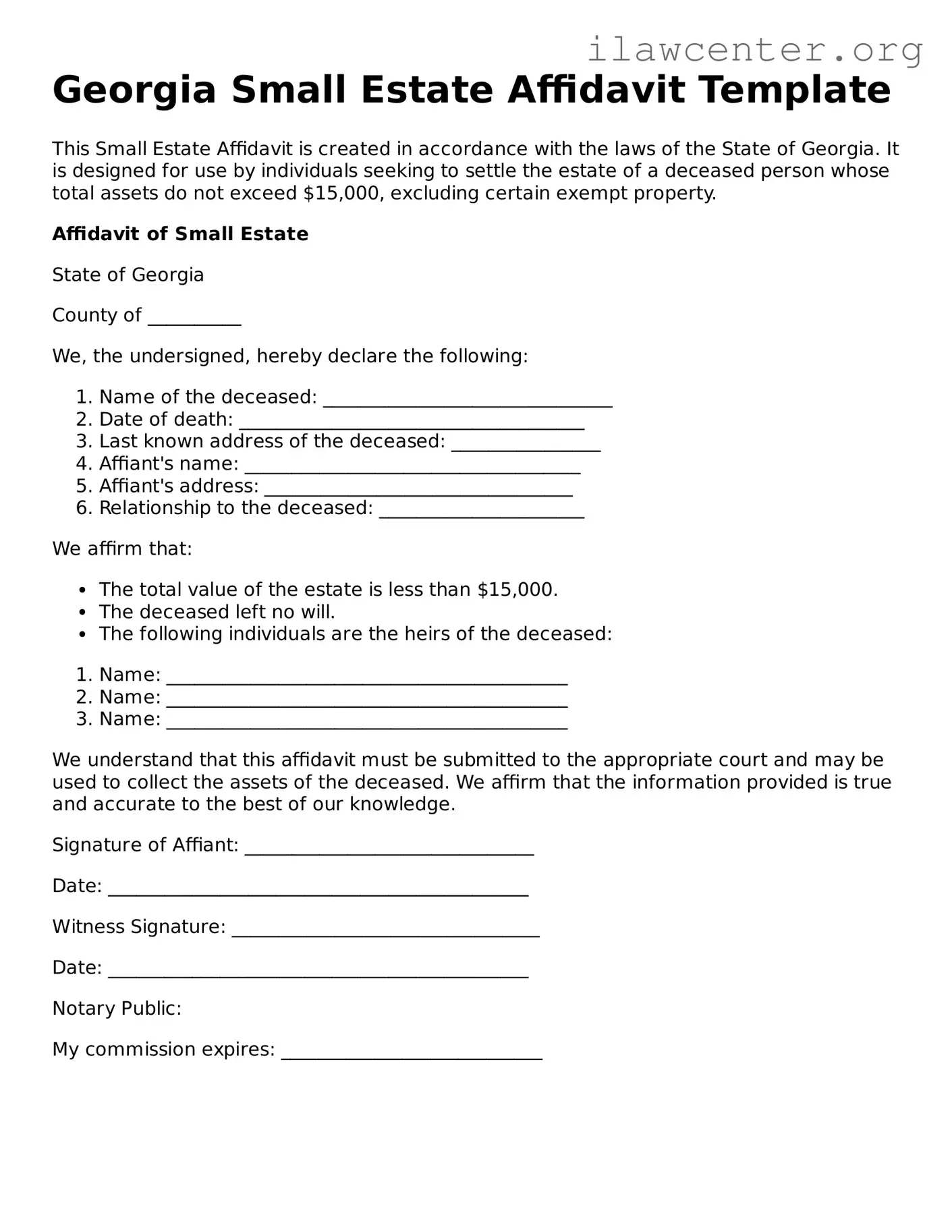 Attorney-Verified  Small Estate Affidavit Document for Georgia