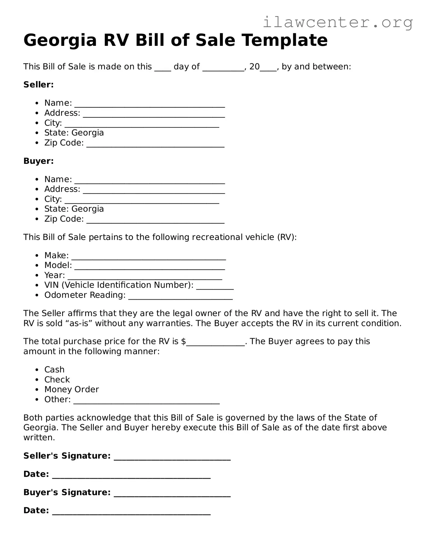 Attorney-Verified  RV Bill of Sale Document for Georgia