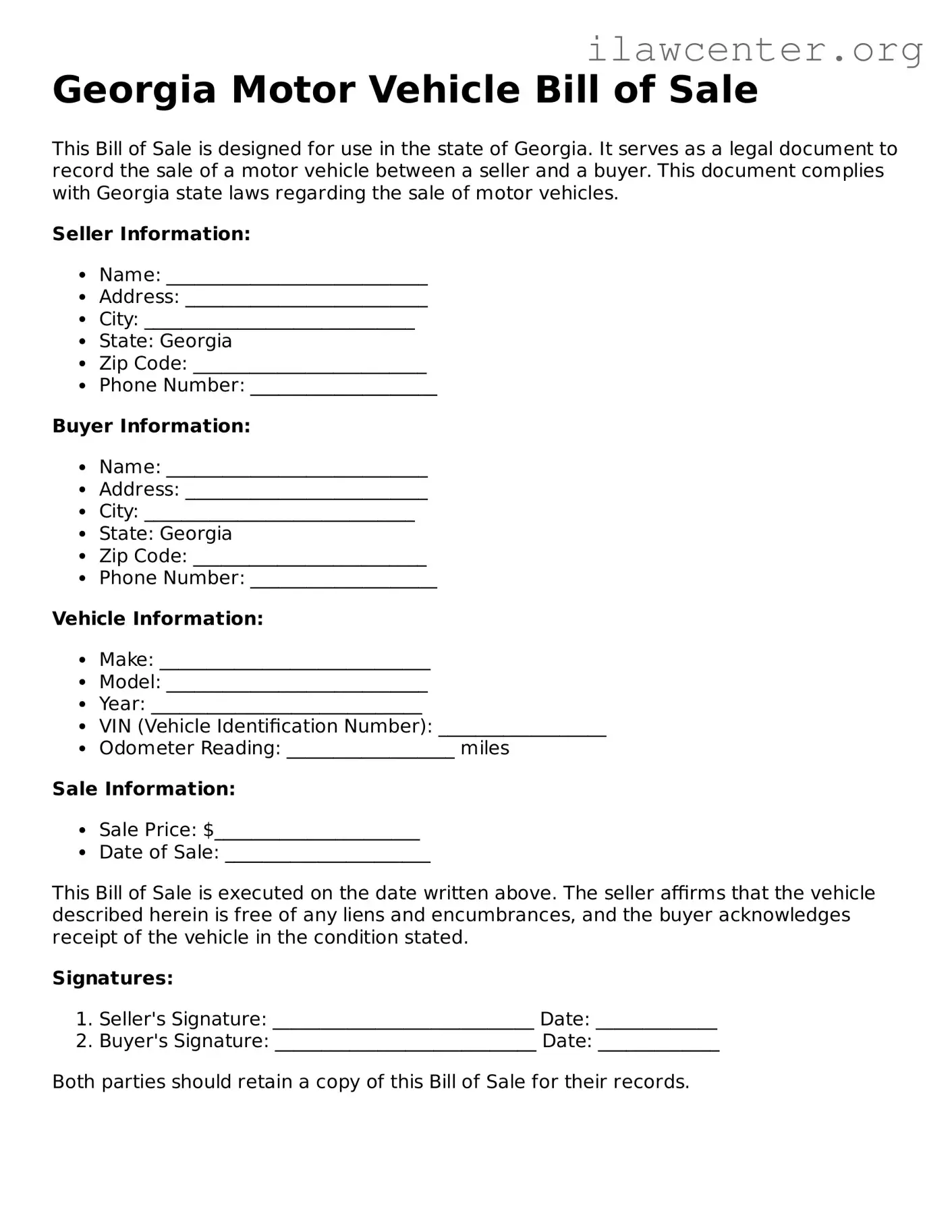 Attorney-Verified  Motor Vehicle Bill of Sale Document for Georgia