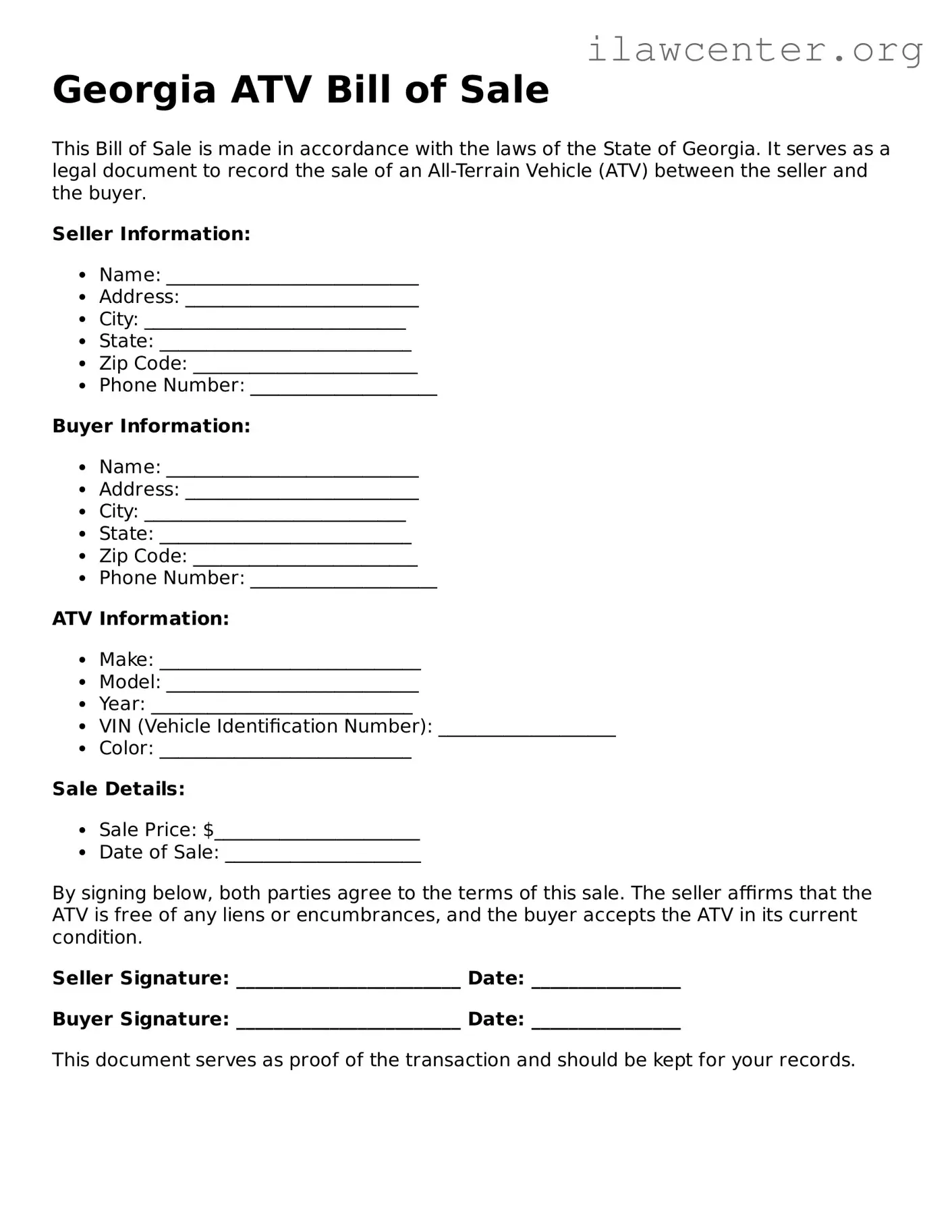 Attorney-Verified  ATV Bill of Sale Document for Georgia