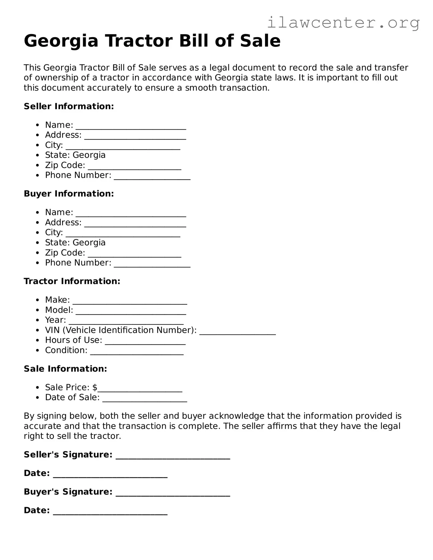 Attorney-Verified  Tractor Bill of Sale Document for Georgia