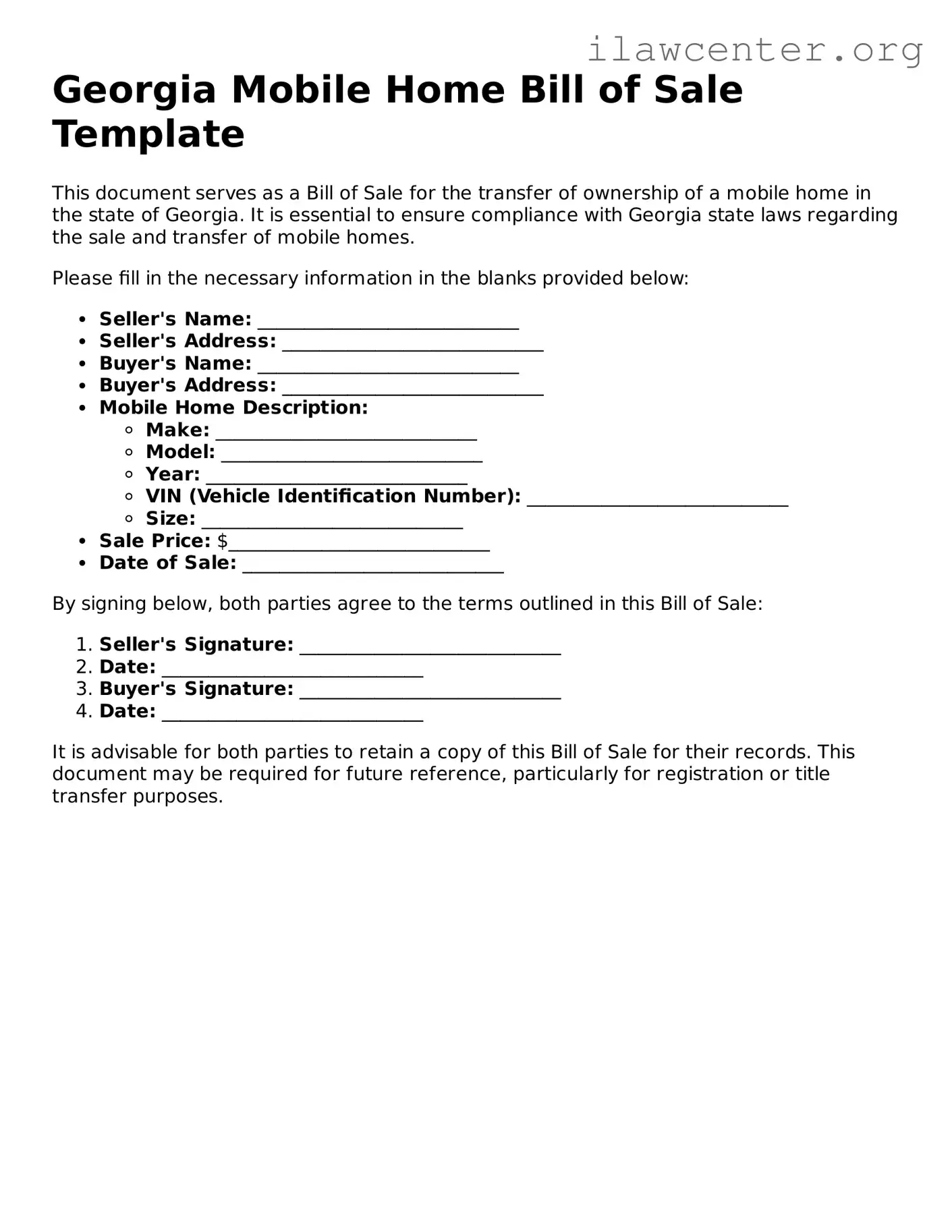 Attorney-Verified  Mobile Home Bill of Sale Document for Georgia