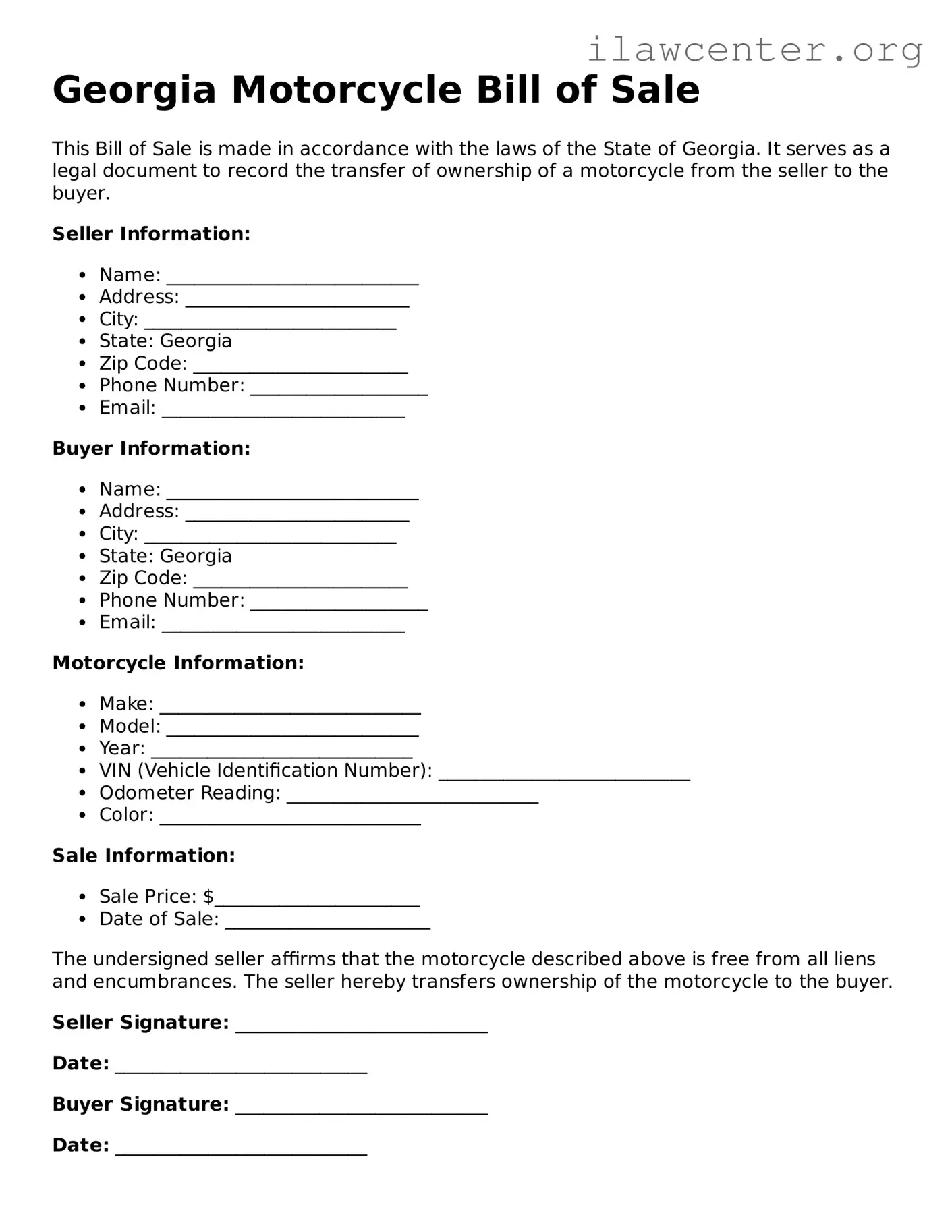 Attorney-Verified  Motorcycle Bill of Sale Document for Georgia