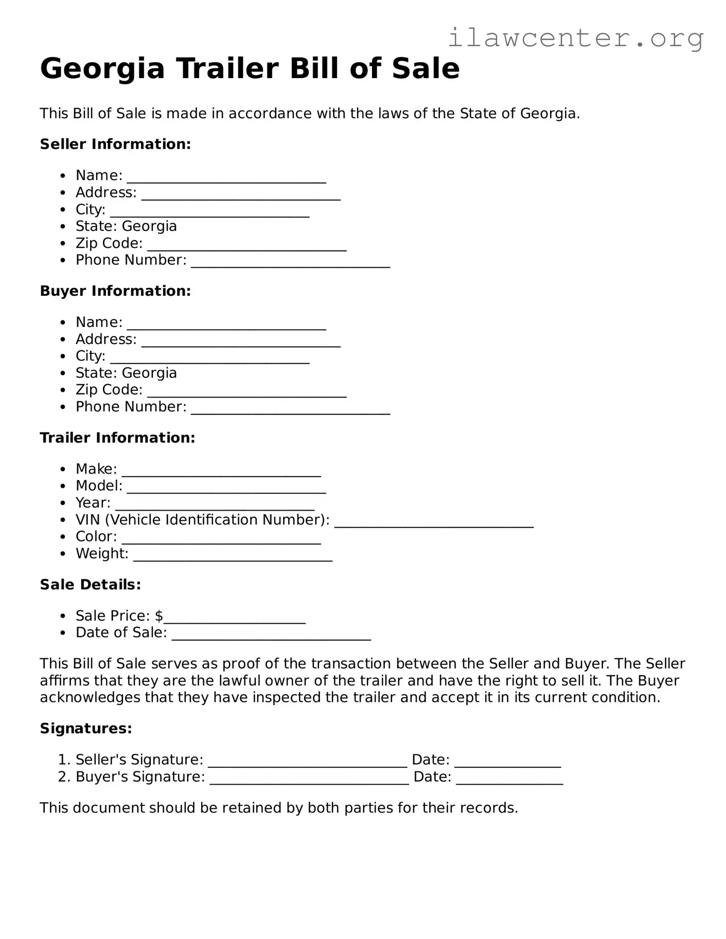 Attorney-Verified  Trailer Bill of Sale Document for Georgia