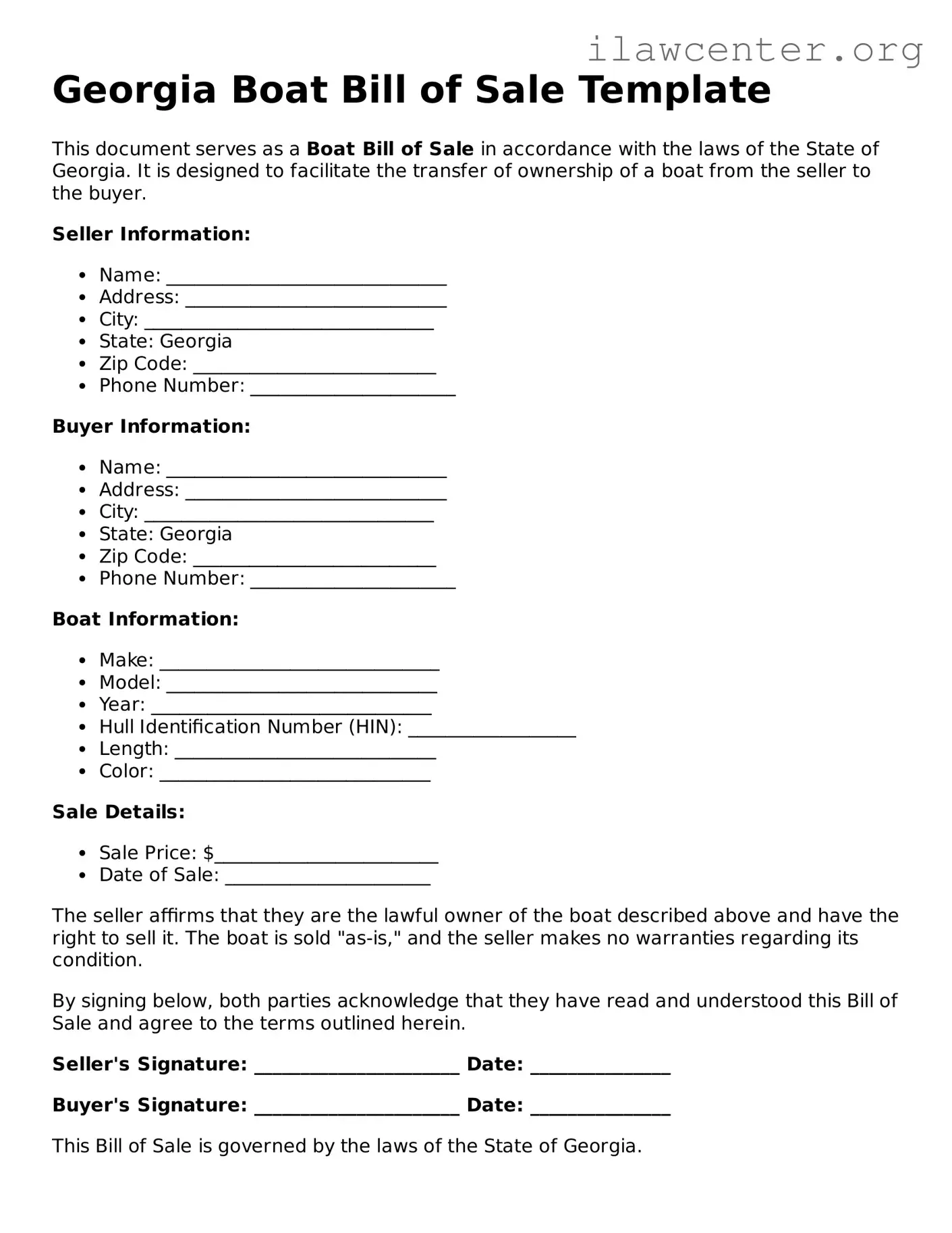 Attorney-Verified  Boat Bill of Sale Document for Georgia