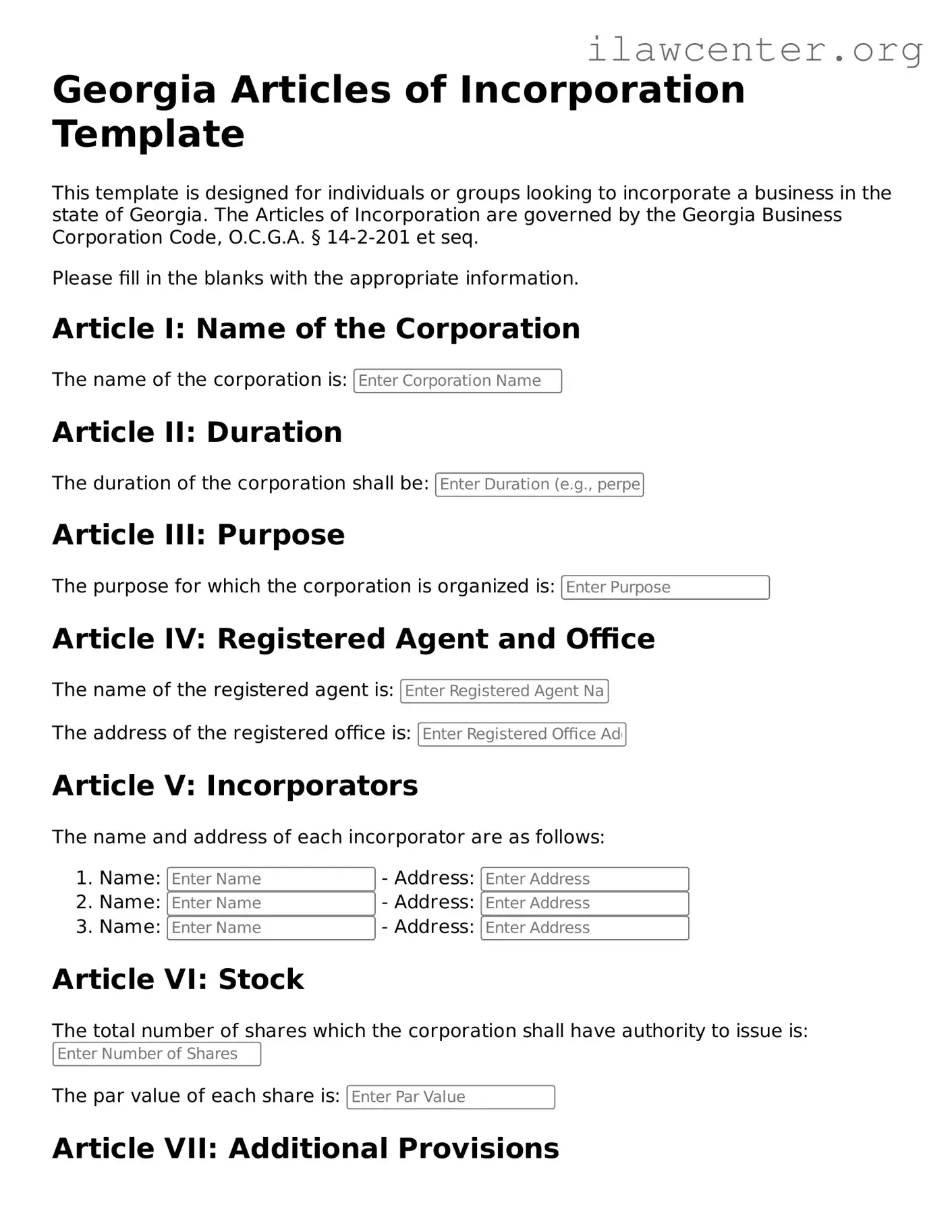 Attorney-Verified  Articles of Incorporation Document for Georgia
