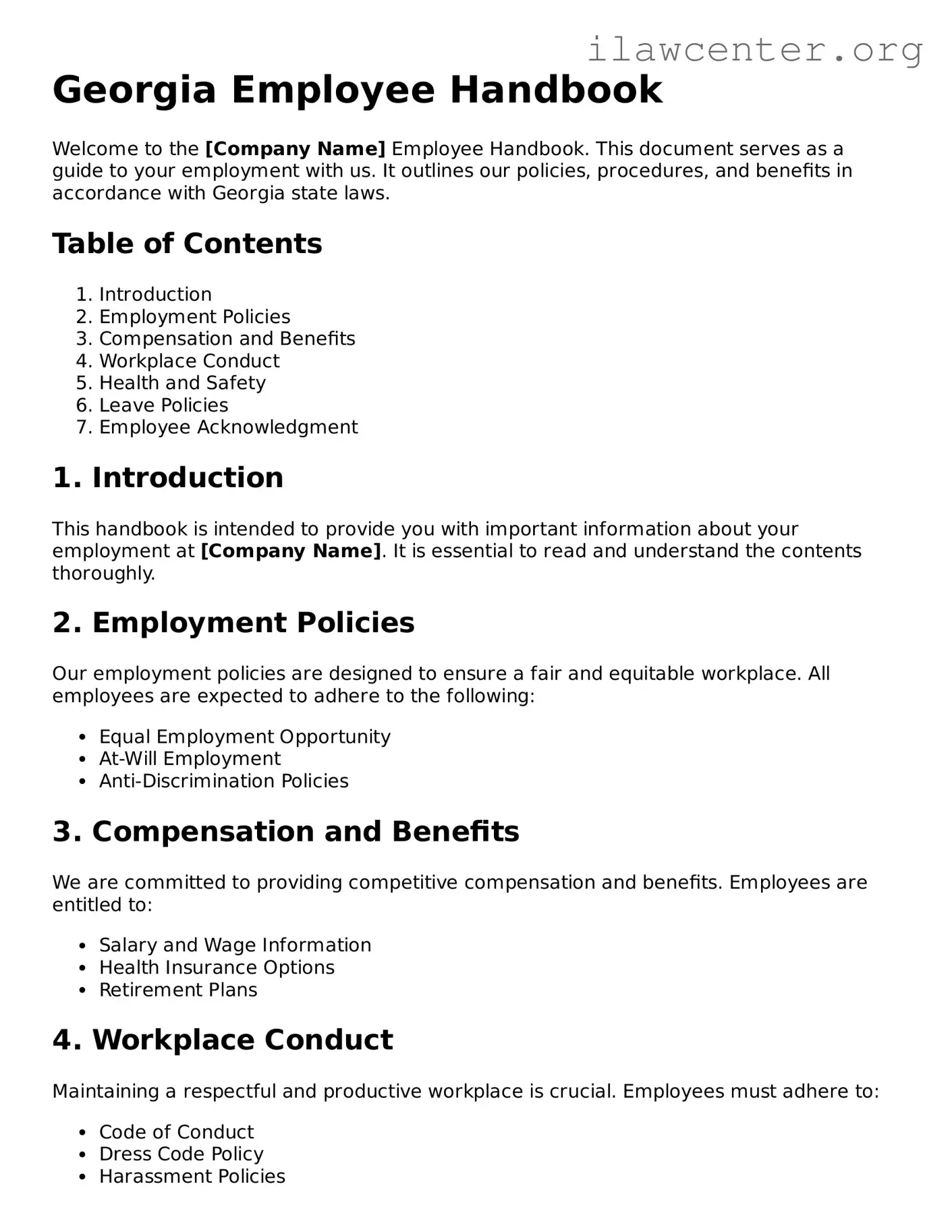 Attorney-Verified  Employee Handbook Document for Georgia