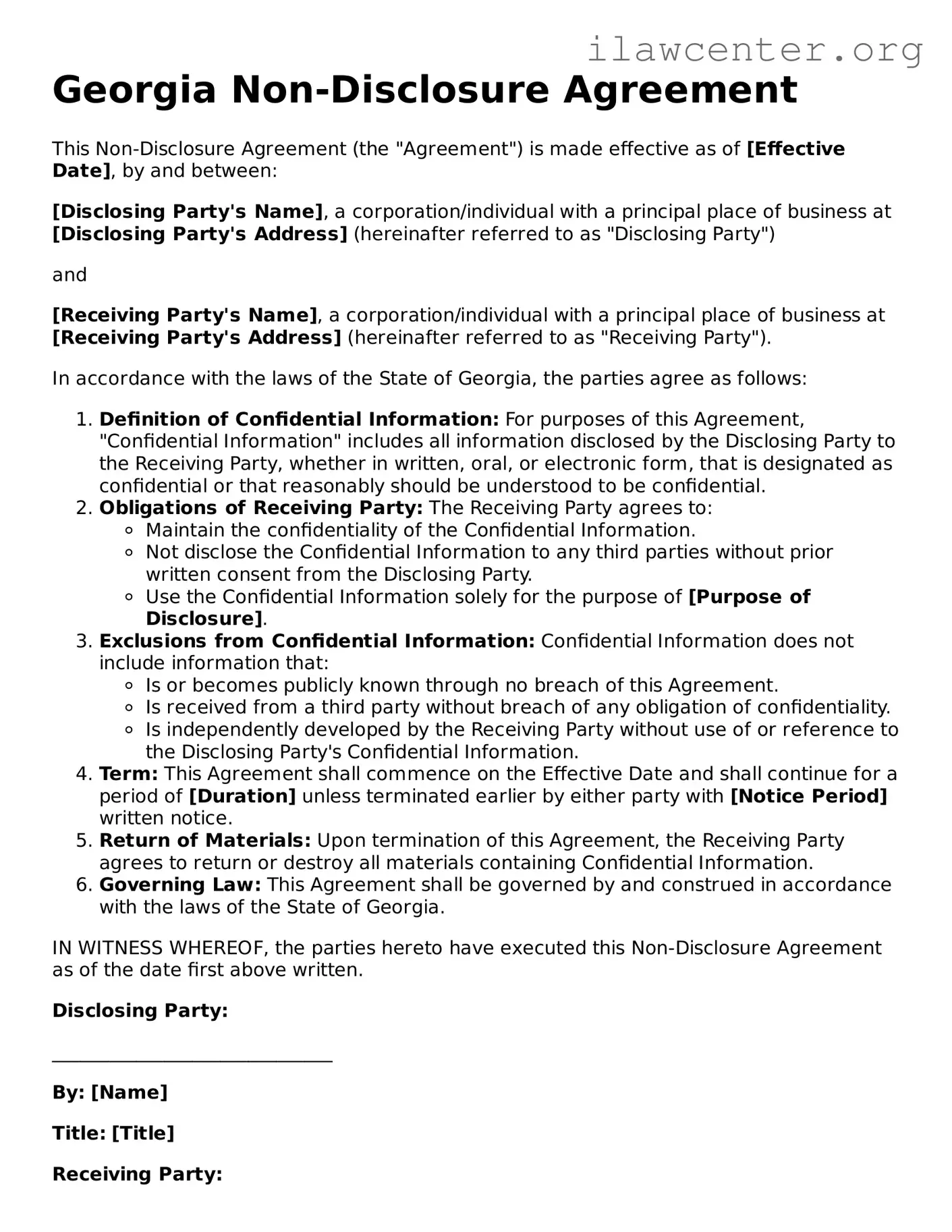Attorney-Verified  Non-disclosure Agreement Document for Georgia