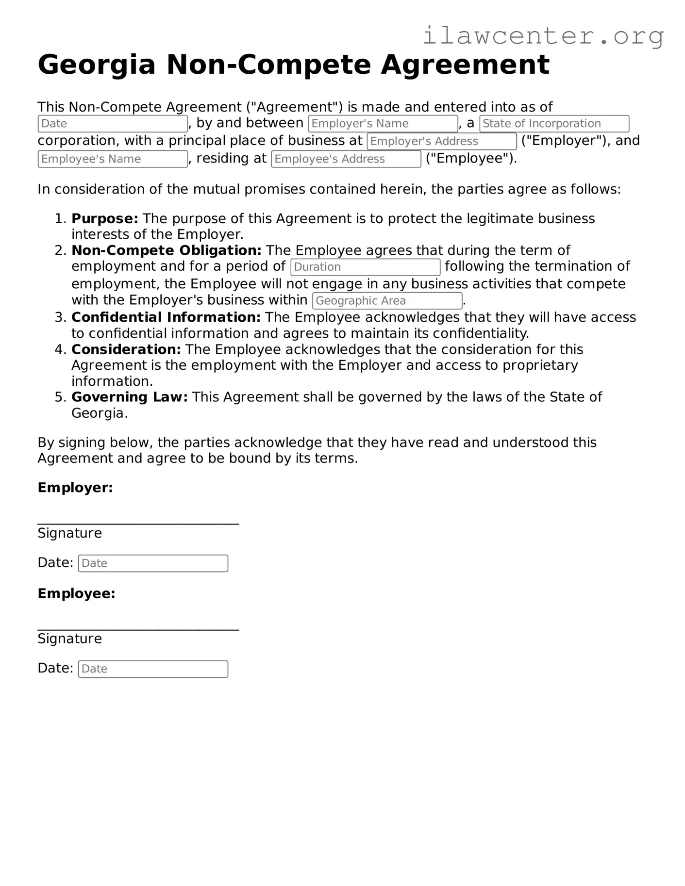 Attorney-Verified  Non-compete Agreement Document for Georgia