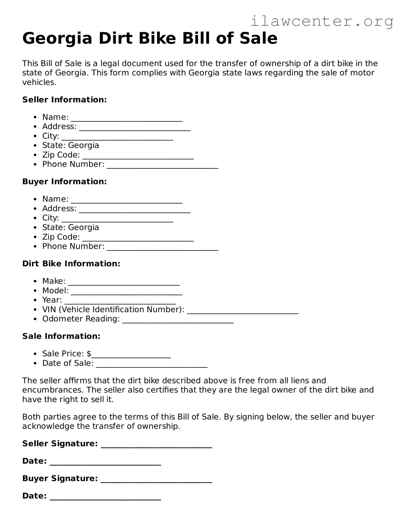 Attorney-Verified  Dirt Bike Bill of Sale Document for Georgia