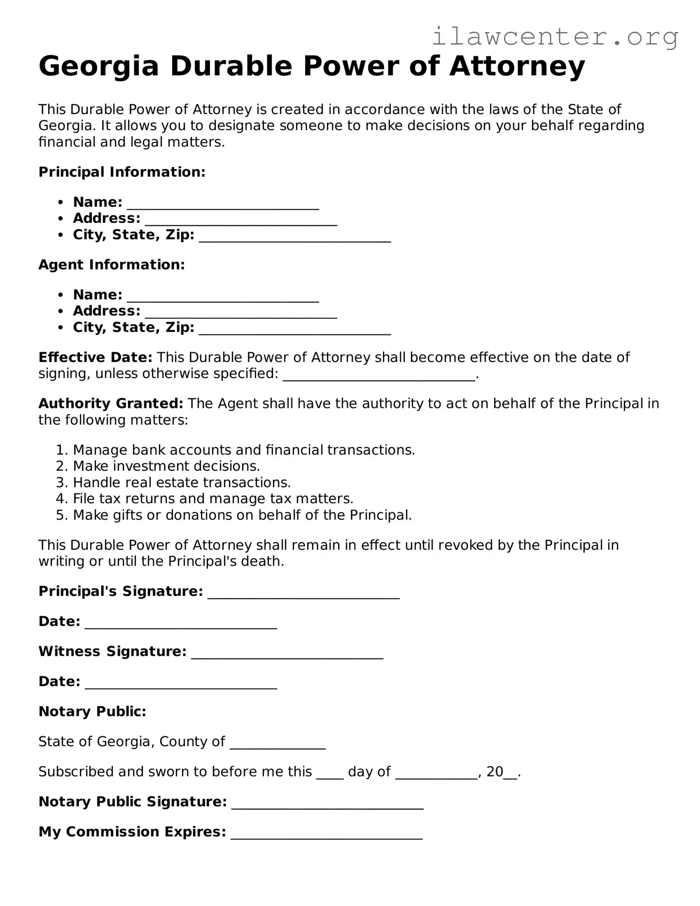 Attorney-Verified  Durable Power of Attorney Document for Georgia