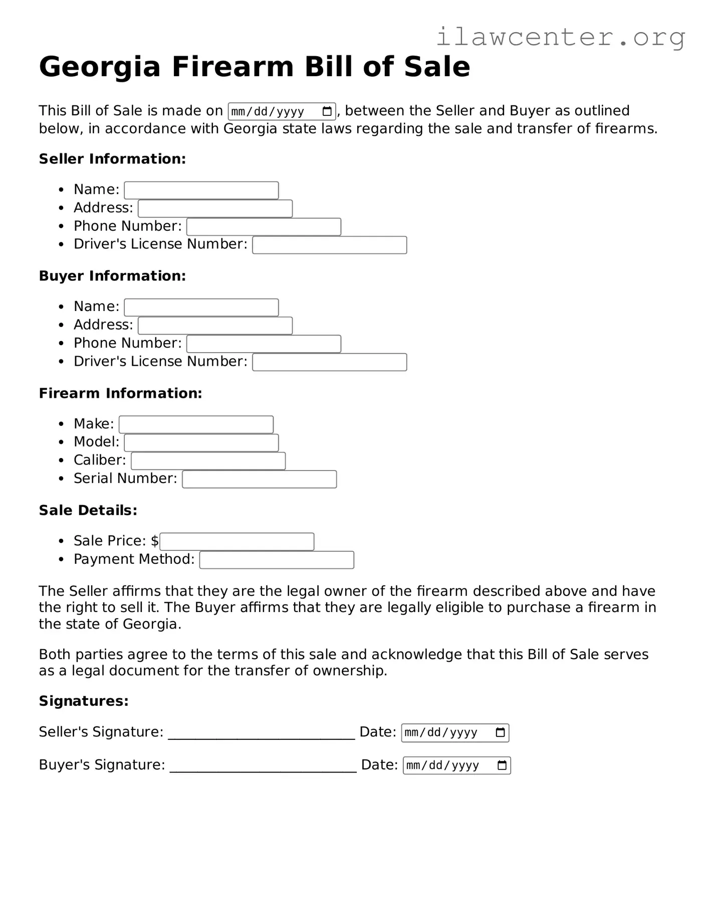 Attorney-Verified  Firearm Bill of Sale Document for Georgia