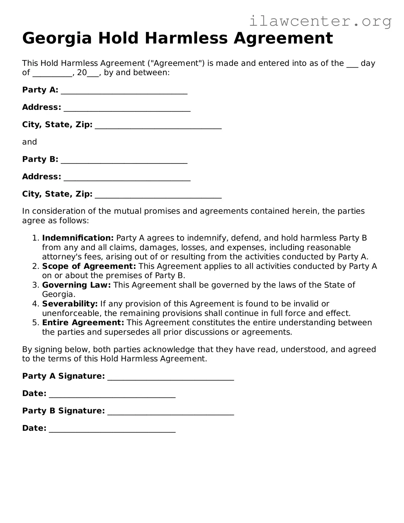 Attorney-Verified  Hold Harmless Agreement Document for Georgia