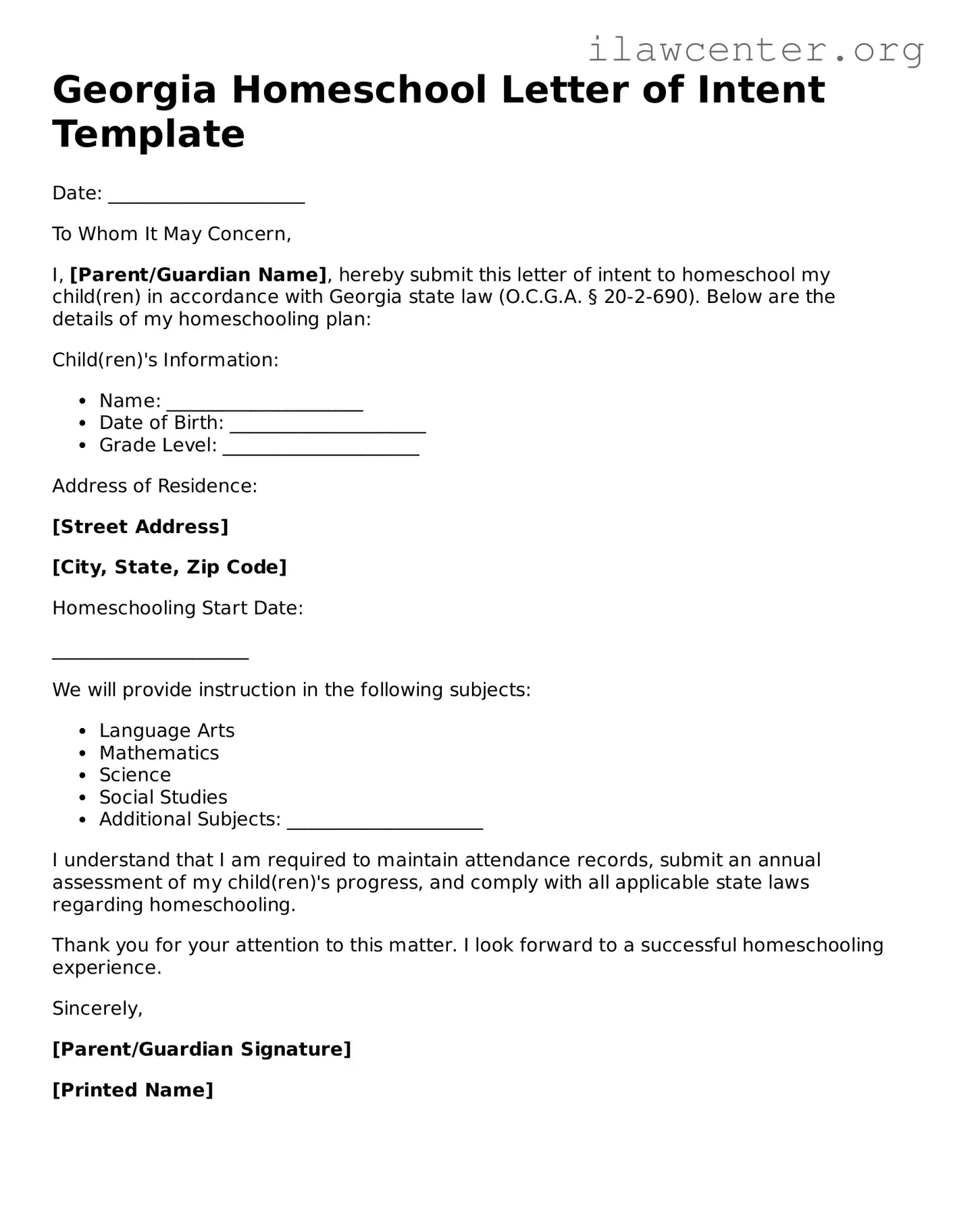 Attorney-Verified  Homeschool Letter of Intent Document for Georgia