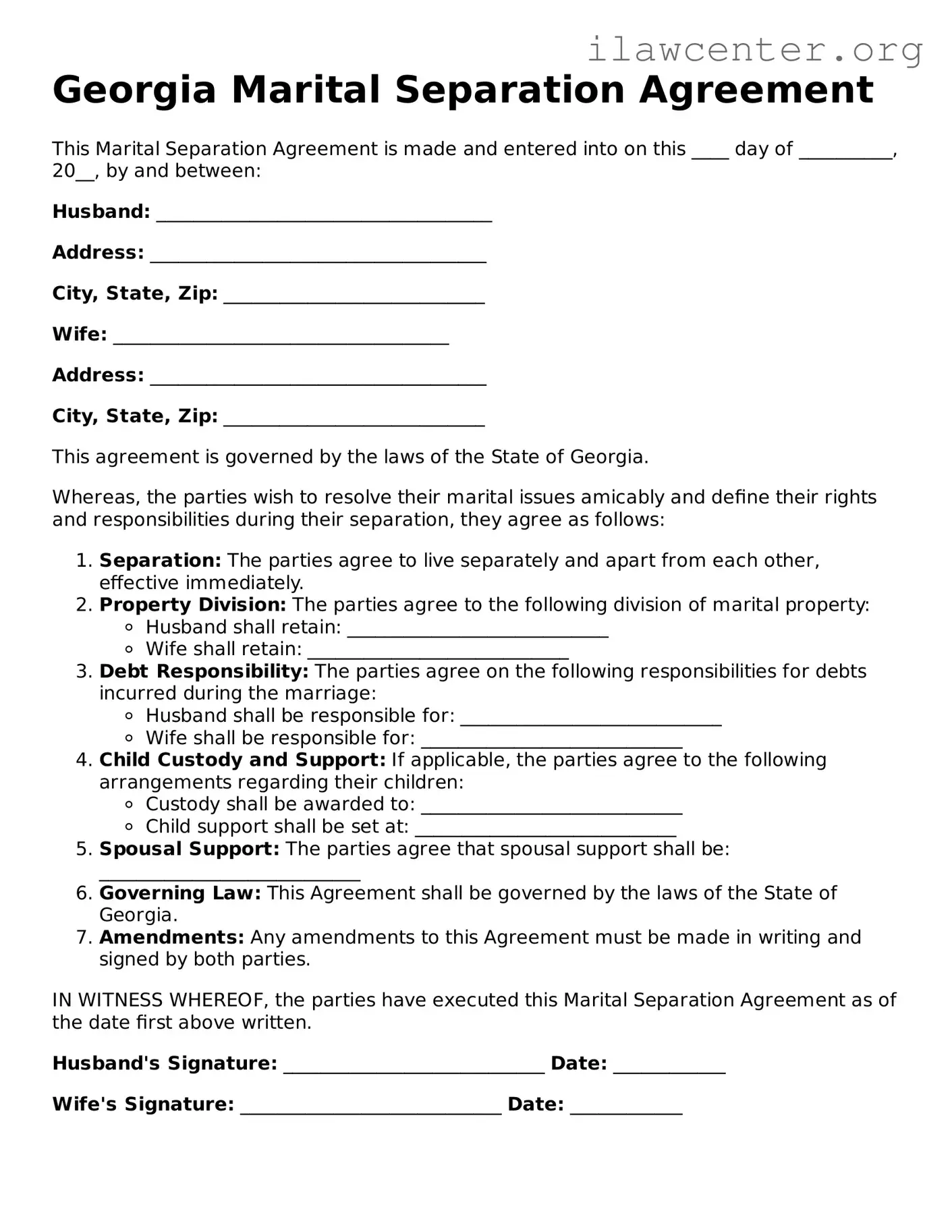 Attorney-Verified  Marital Separation Agreement Document for Georgia
