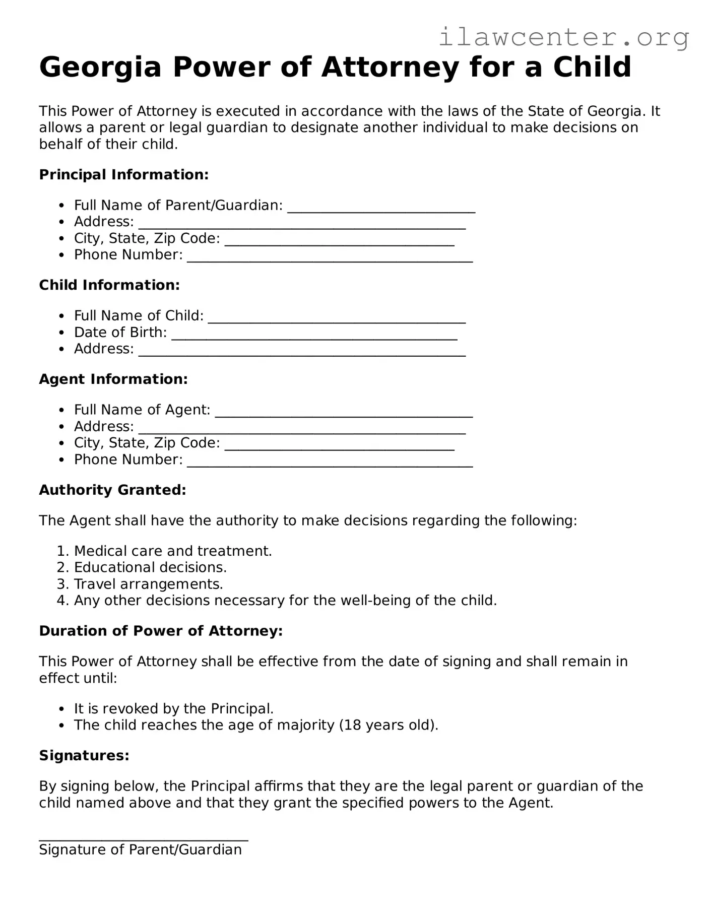Attorney-Verified  Power of Attorney for a Child Document for Georgia
