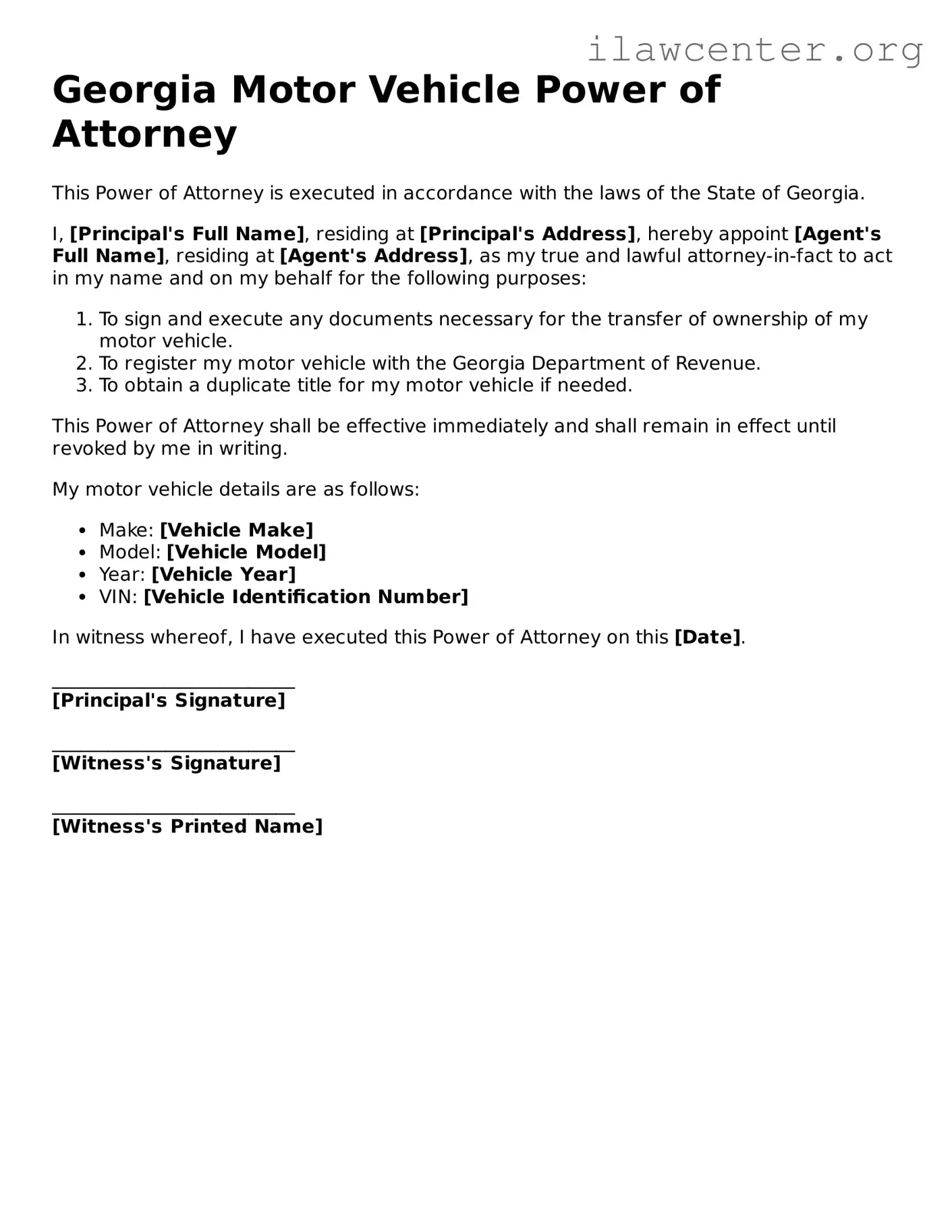 Attorney-Verified  Motor Vehicle Power of Attorney Document for Georgia