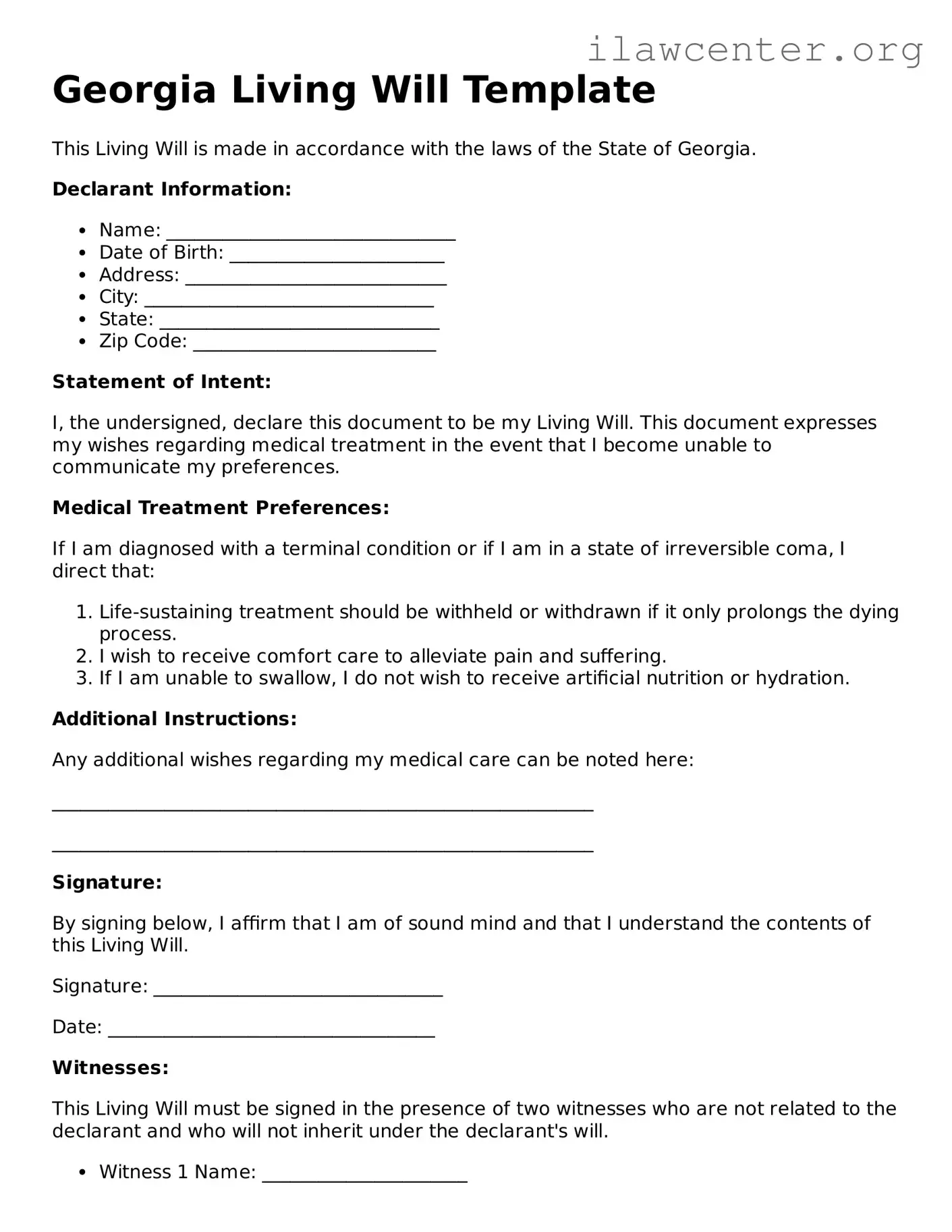 Attorney-Verified  Living Will Document for Georgia