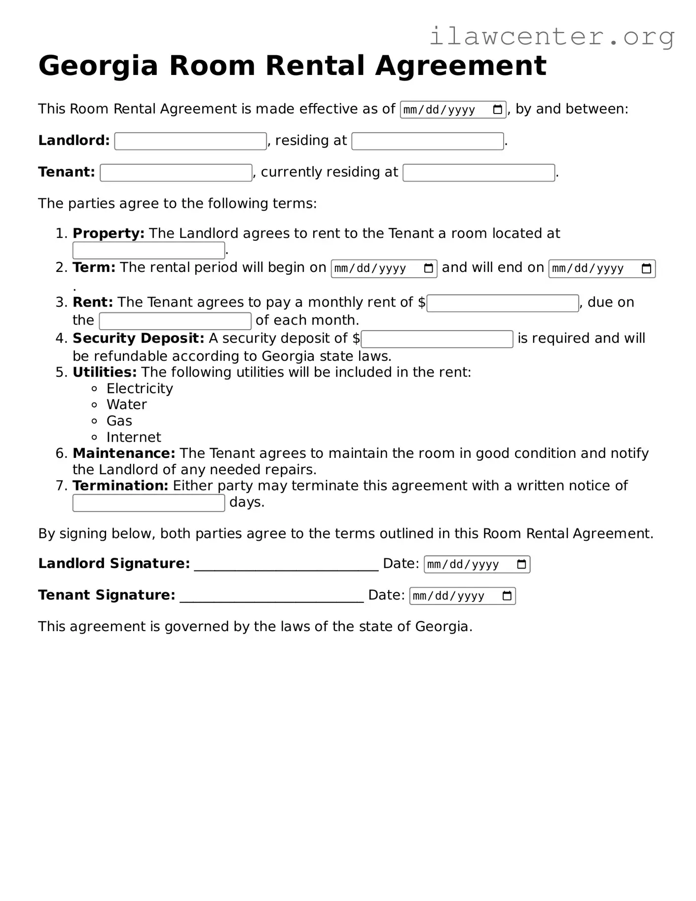 Attorney-Verified  Room Rental Agreement Document for Georgia