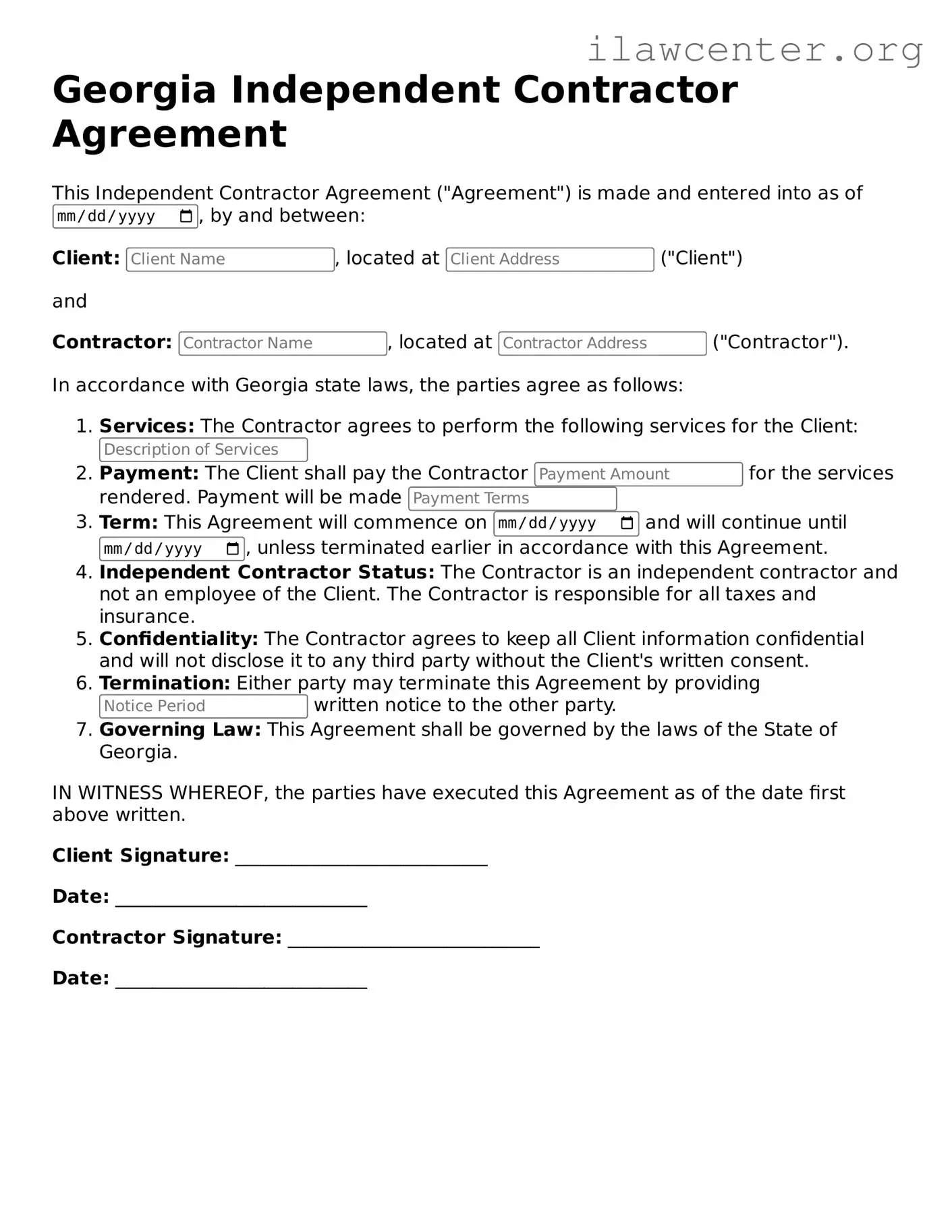 Attorney-Verified  Independent Contractor Agreement Document for Georgia