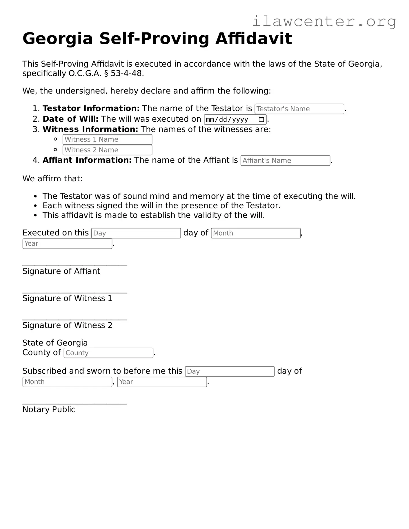 Attorney-Verified  Self-Proving Affidavit Document for Georgia