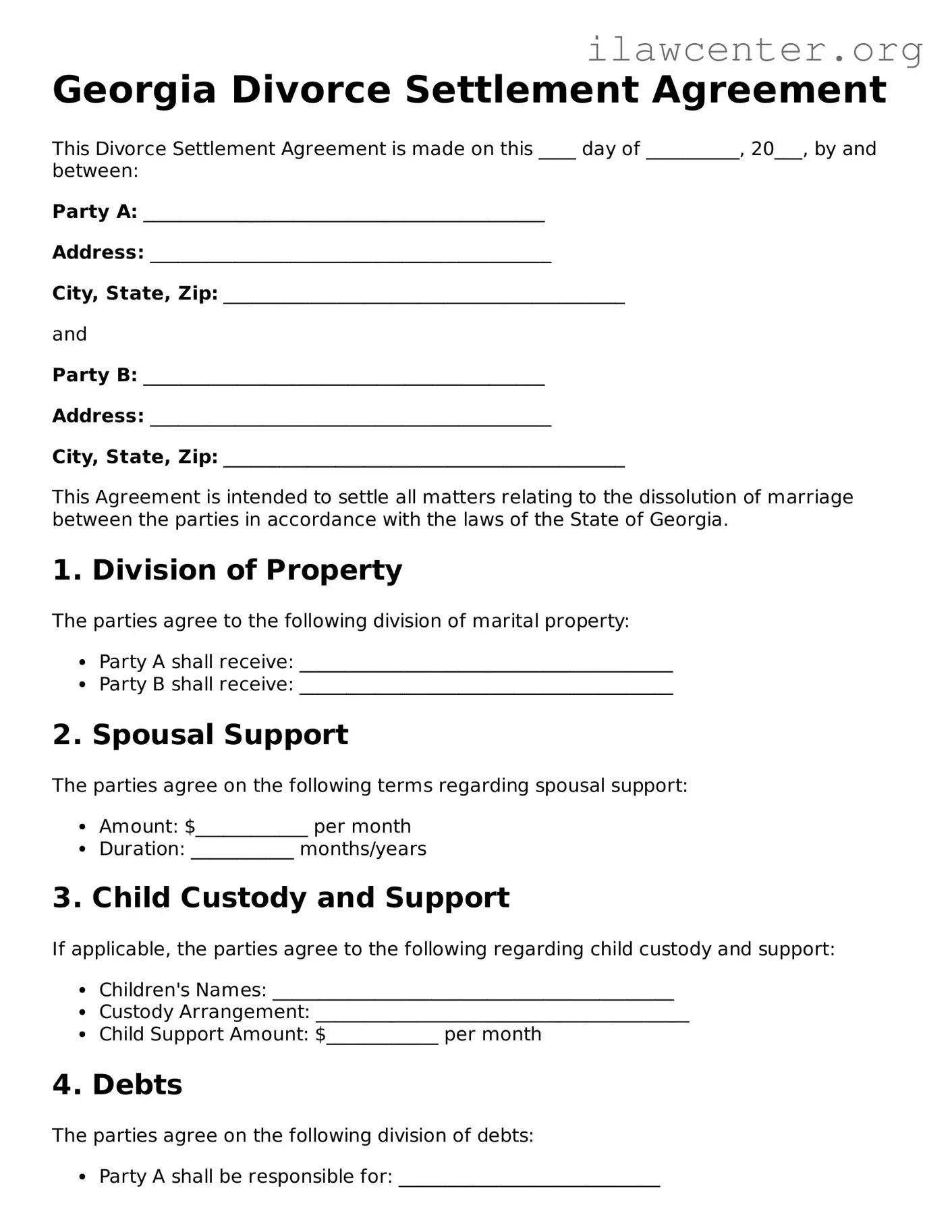 Attorney-Verified  Divorce Settlement Agreement Document for Georgia