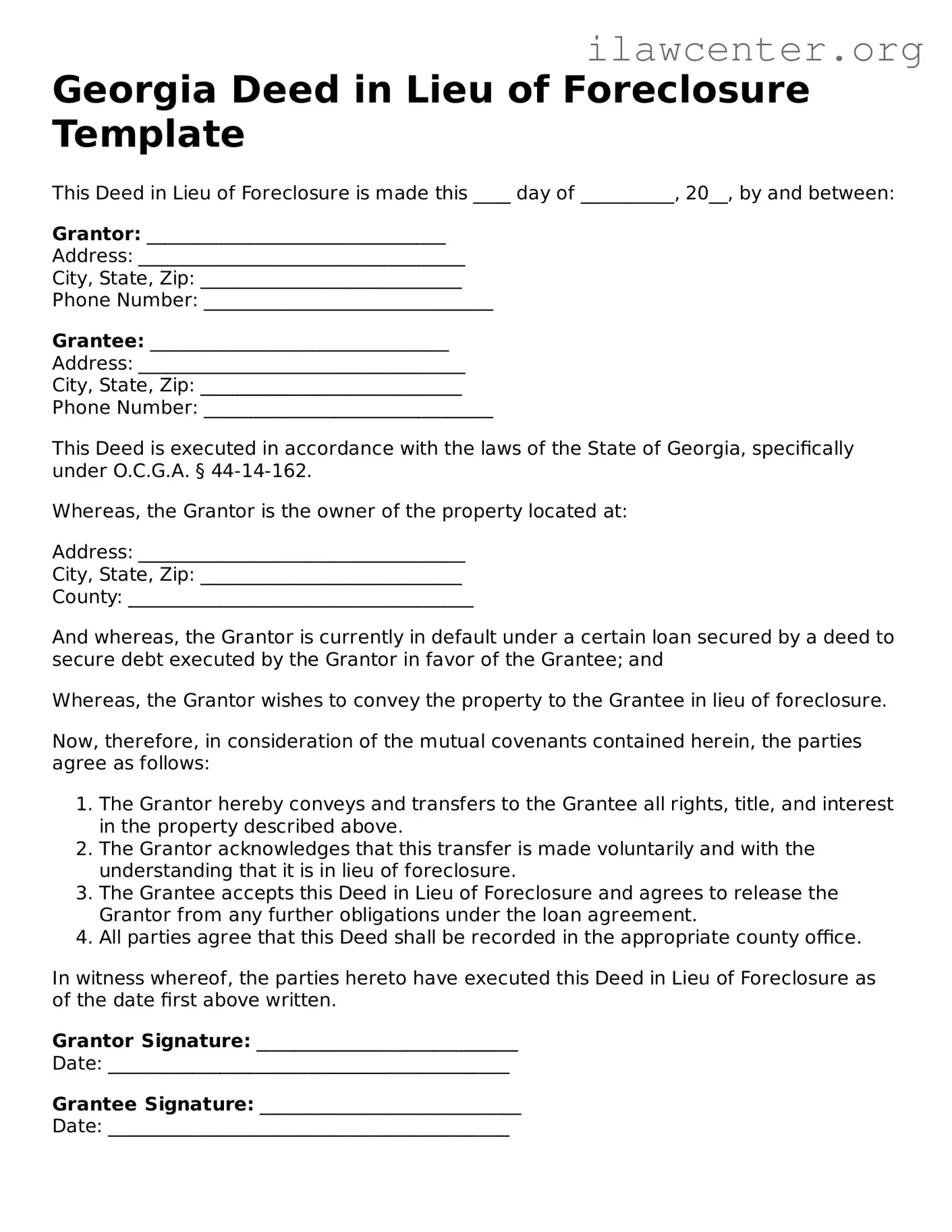 Attorney-Verified  Deed in Lieu of Foreclosure Document for Georgia