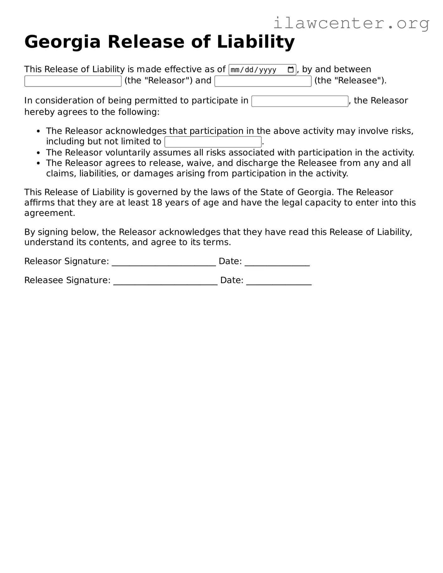 Attorney-Verified  Release of Liability Document for Georgia