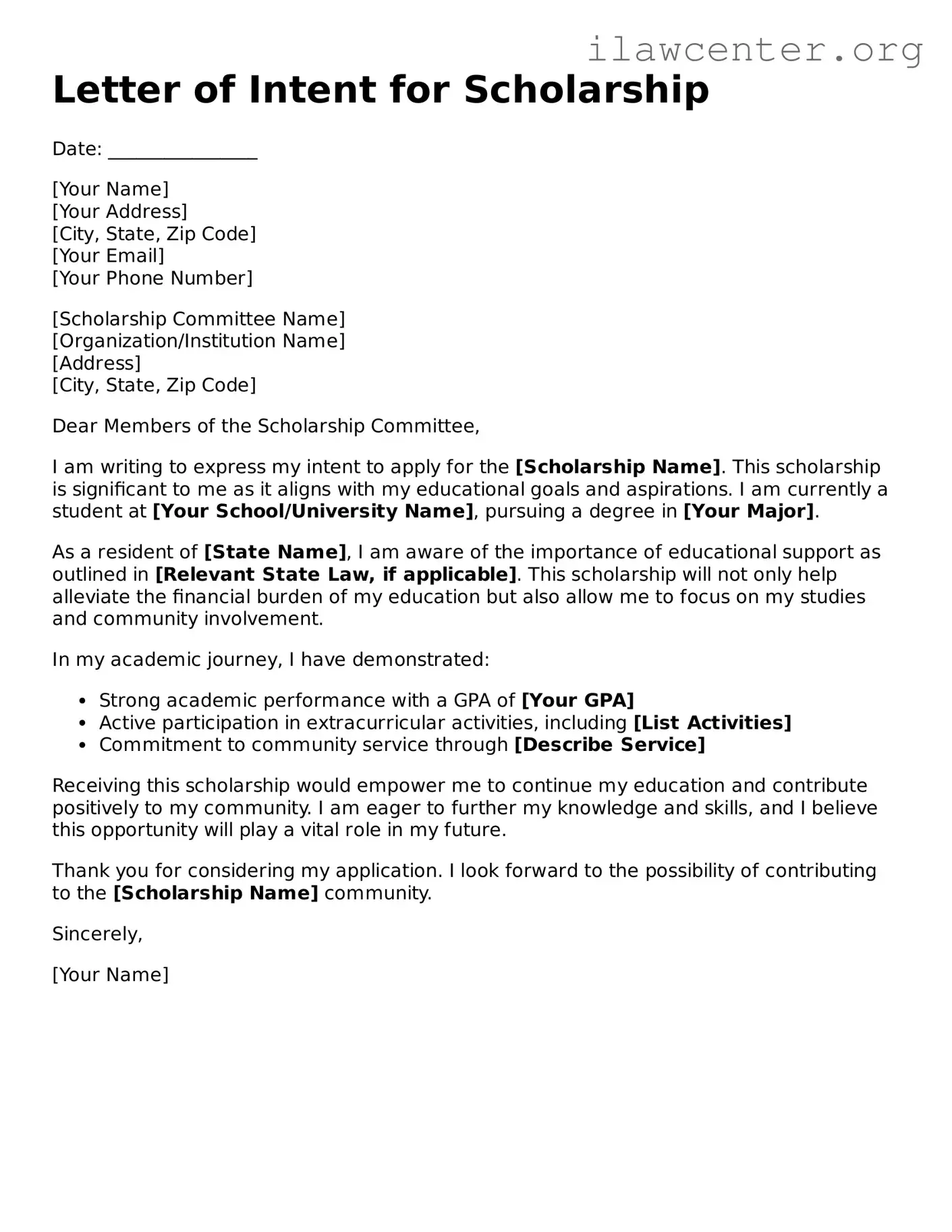 Fillable Letter of Intent For Scholarship Document