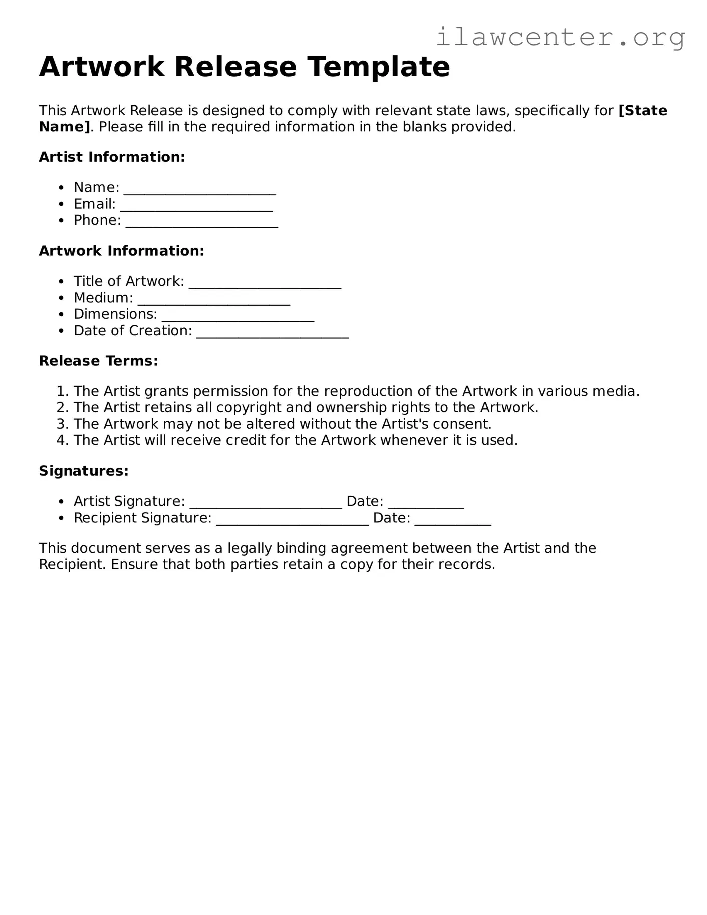 Fillable Artwork Release Document