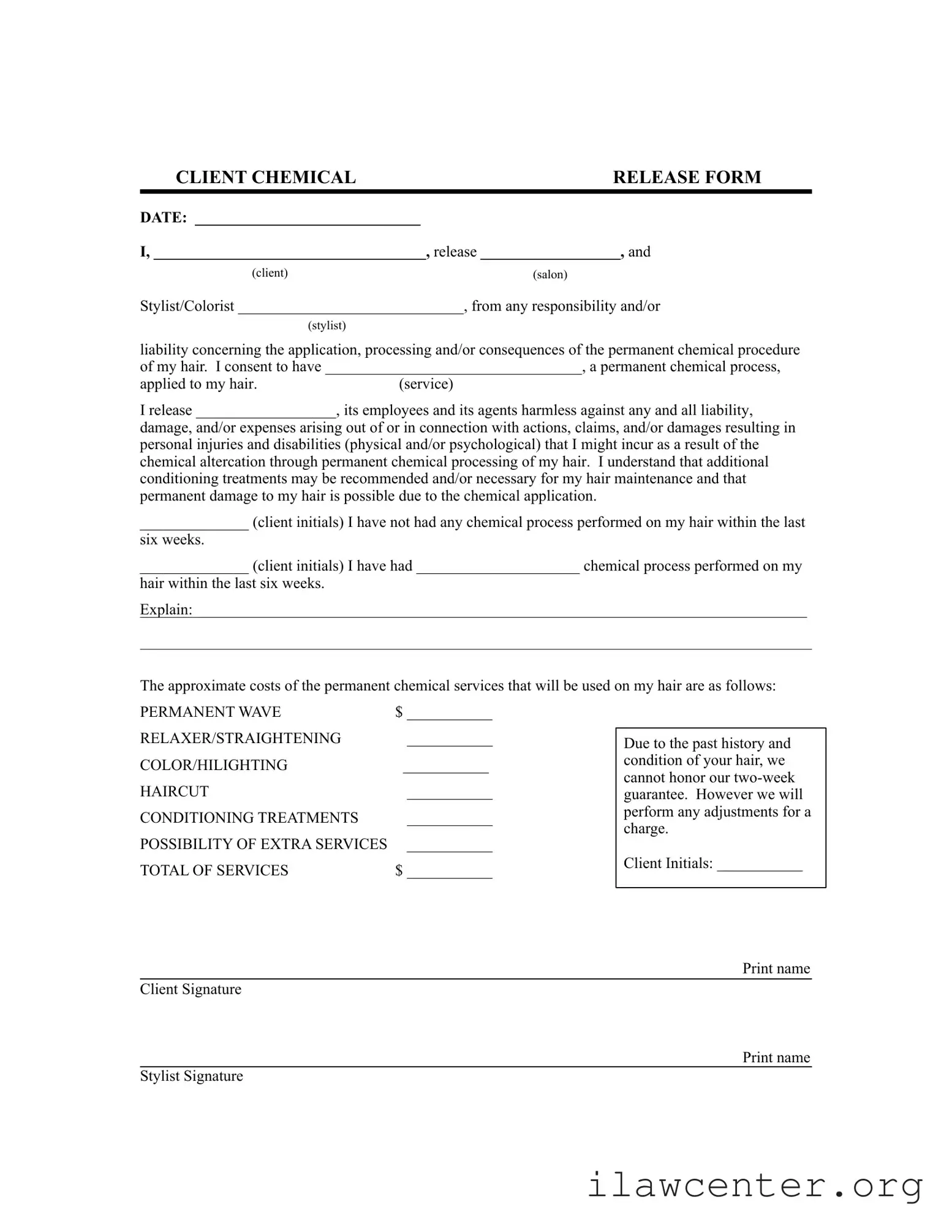 Salon Chemical Waiver PDF Template