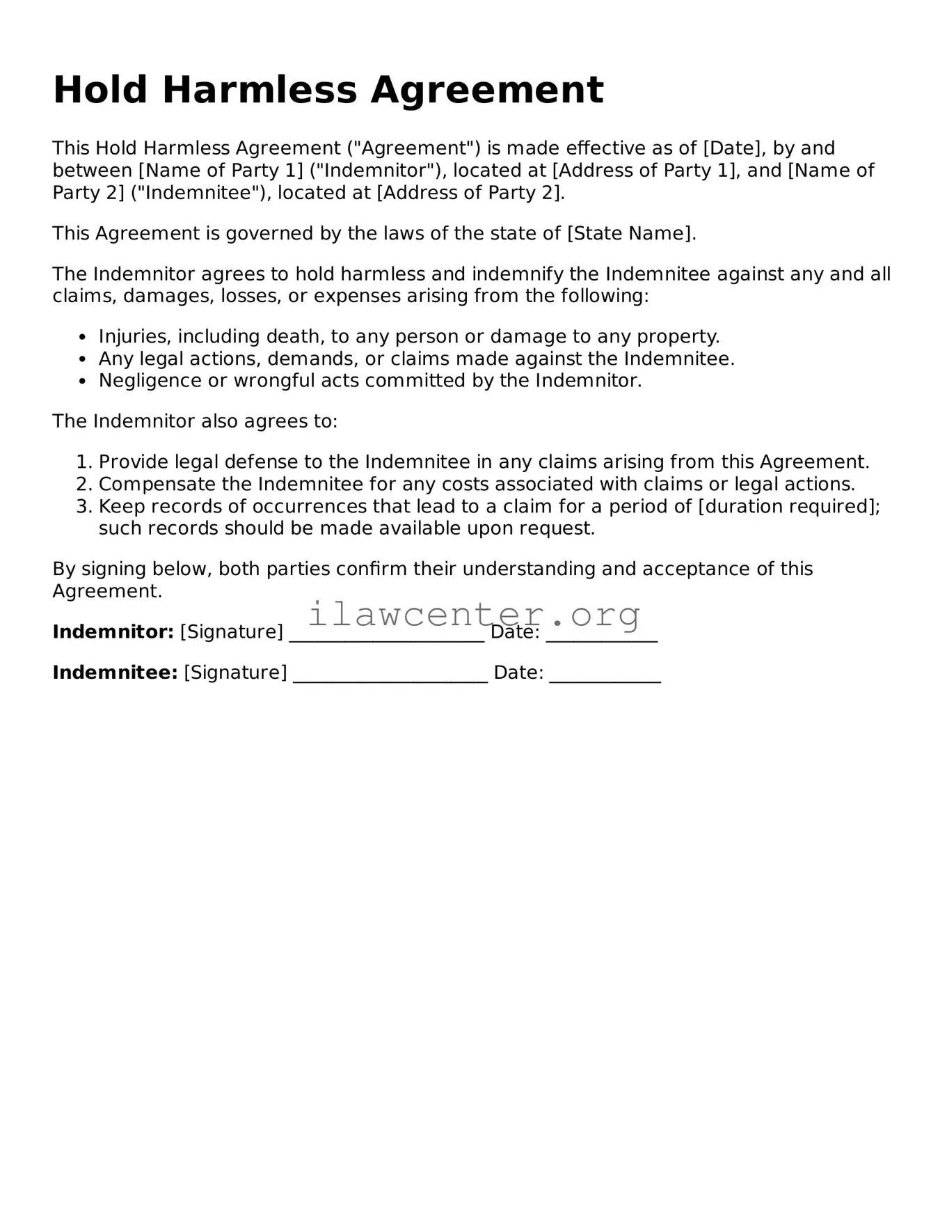 Fillable Hold Harmless Agreement Document