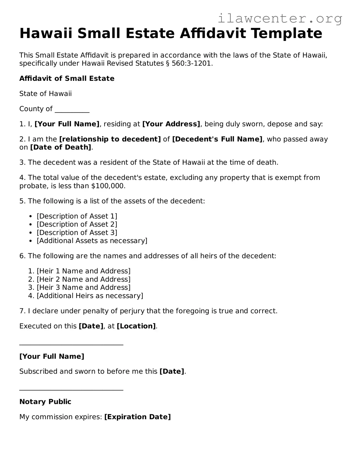 Attorney-Verified  Small Estate Affidavit Document for Hawaii
