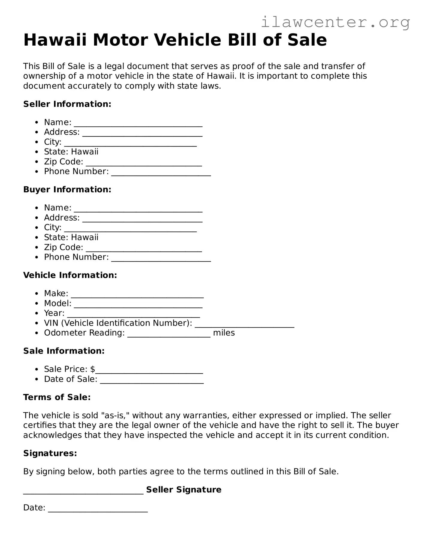 Attorney-Verified  Motor Vehicle Bill of Sale Document for Hawaii