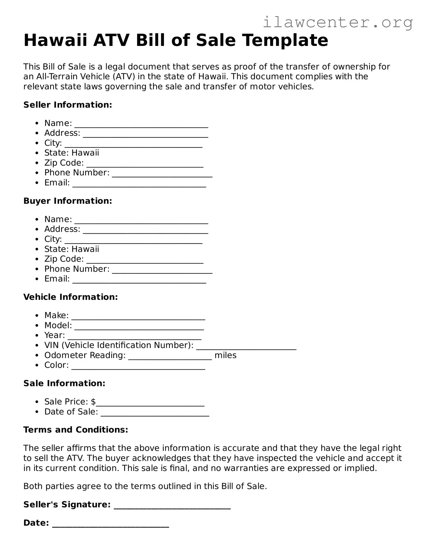 Attorney-Verified  ATV Bill of Sale Document for Hawaii