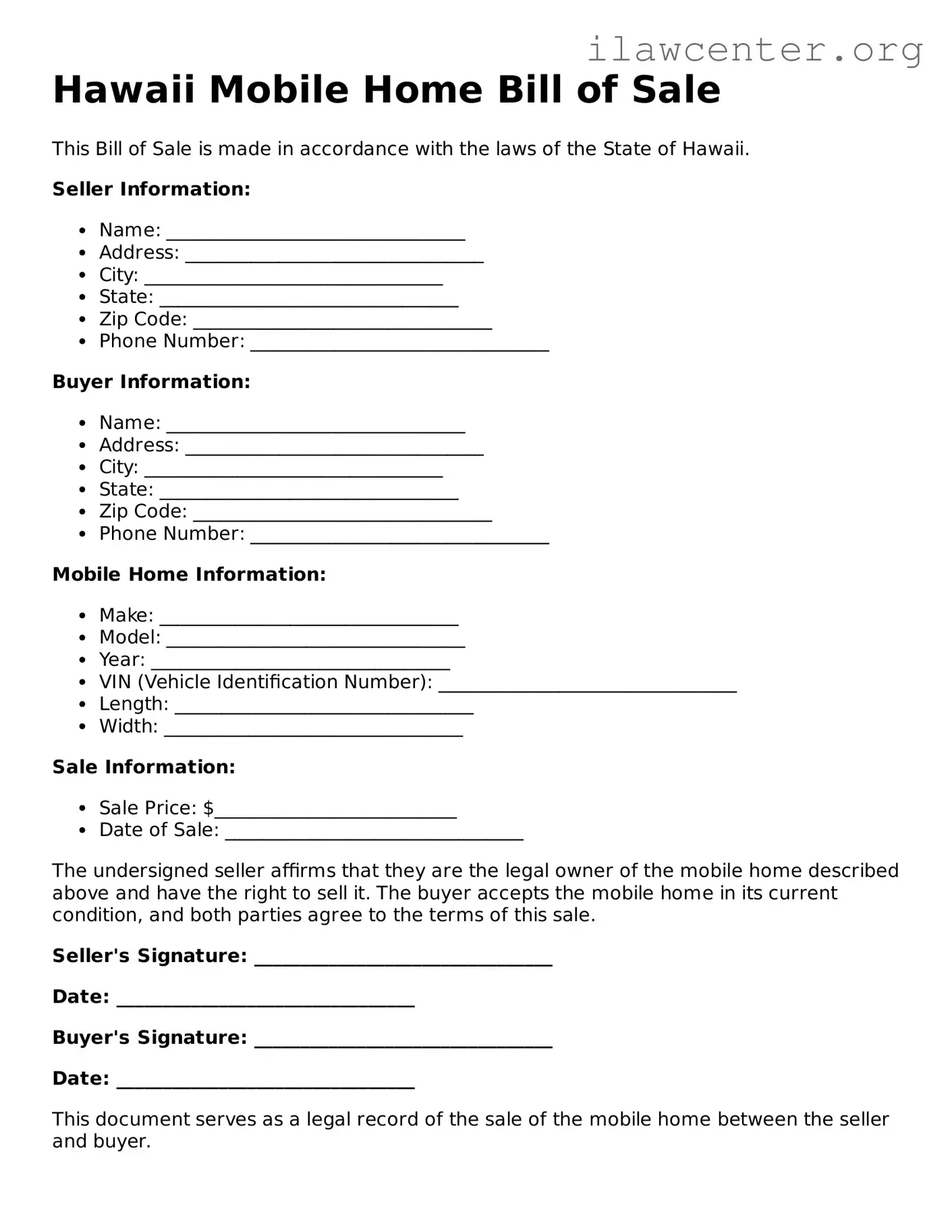 Attorney-Verified  Mobile Home Bill of Sale Document for Hawaii