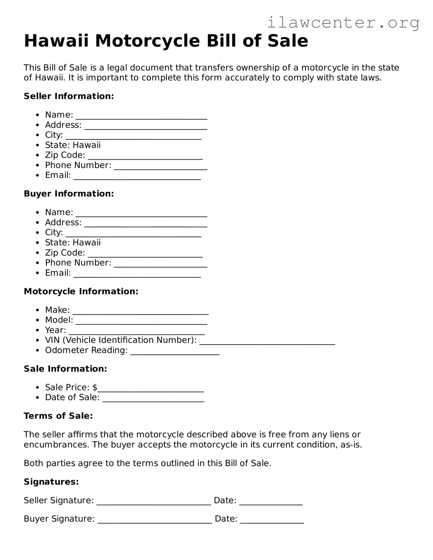 Attorney-Verified  Motorcycle Bill of Sale Document for Hawaii