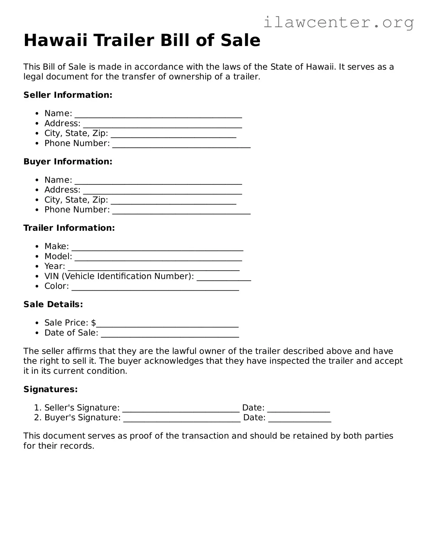 Attorney-Verified  Trailer Bill of Sale Document for Hawaii