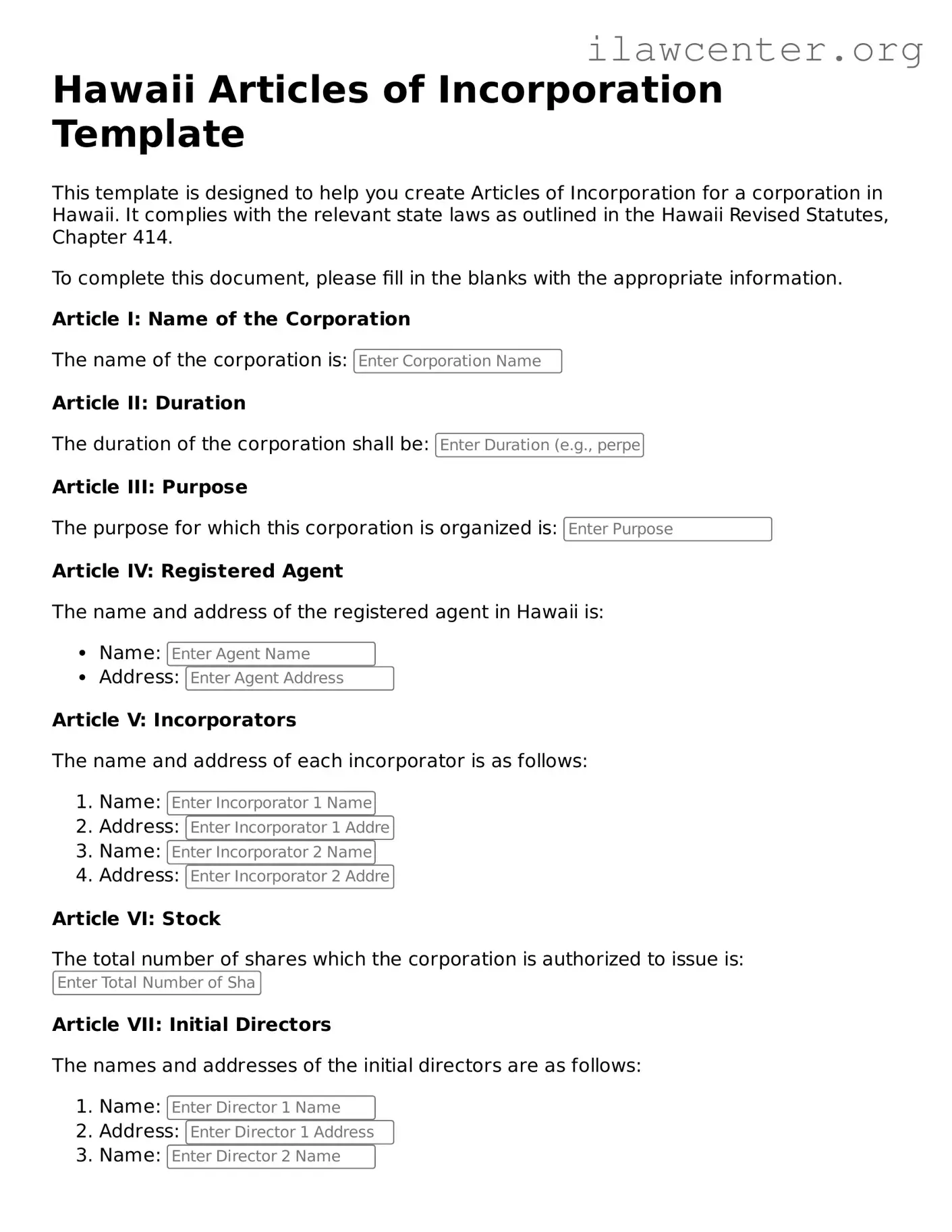 Attorney-Verified  Articles of Incorporation Document for Hawaii