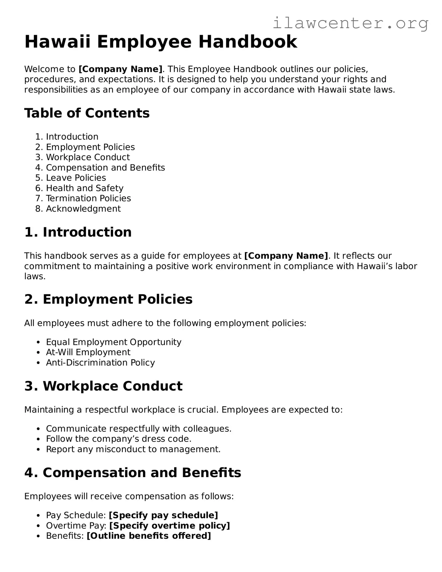 Attorney-Verified  Employee Handbook Document for Hawaii