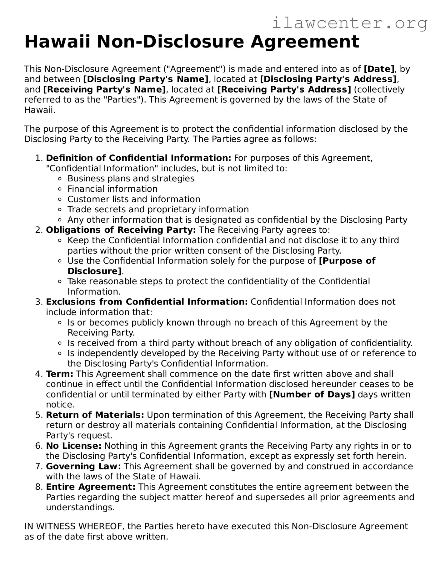 Attorney-Verified  Non-disclosure Agreement Document for Hawaii