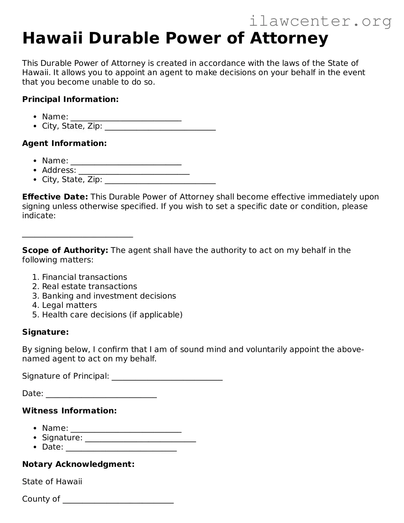 Attorney-Verified  Durable Power of Attorney Document for Hawaii