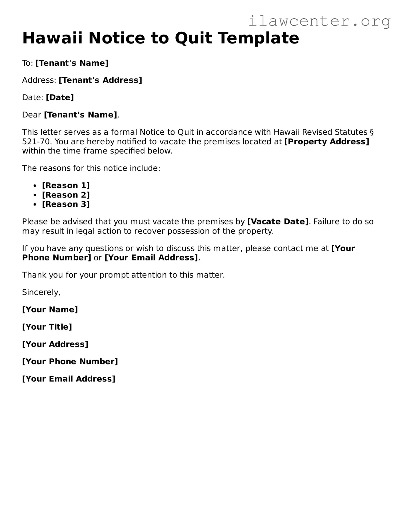 Attorney-Verified  Notice to Quit Document for Hawaii